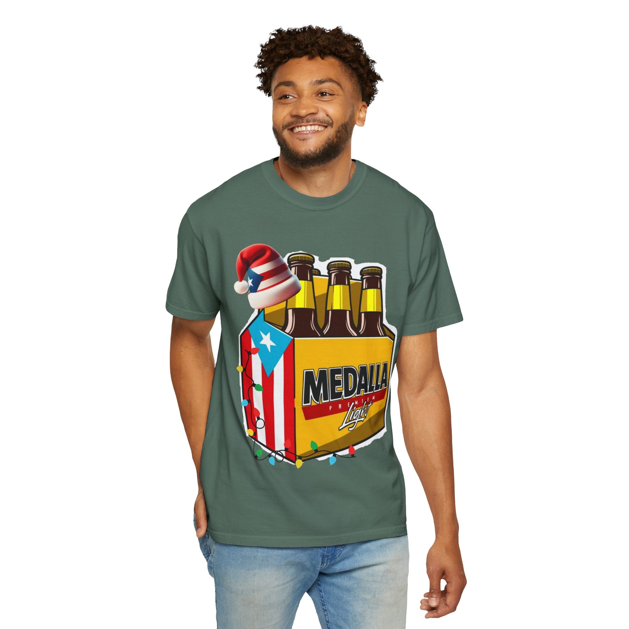 Medalla Light Beer T-Shirt  Navidad Boricua Holiday Tee Puerto Rico’s Navidades