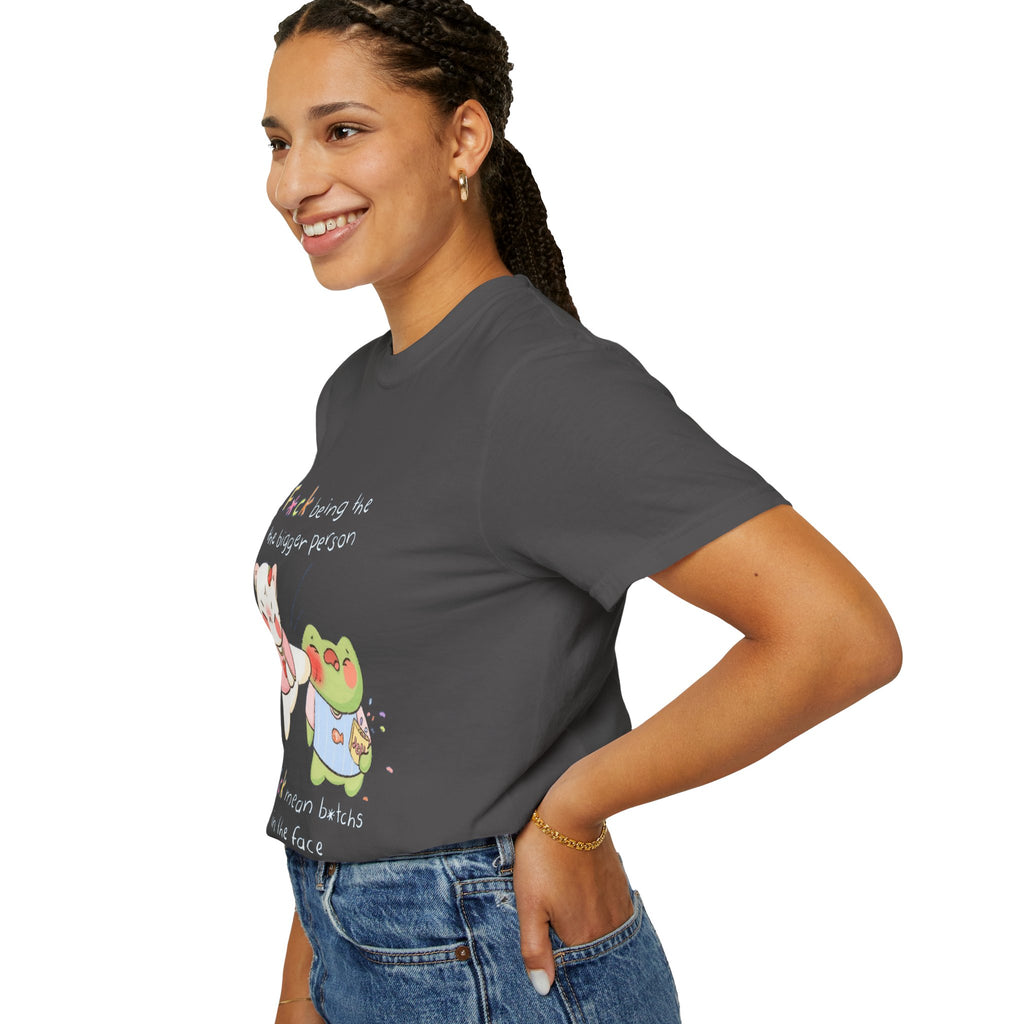 Graphic T-Shirt  Cute Kicking Cat & Frog with 'F*ck Being The Bigger Person' Slogan