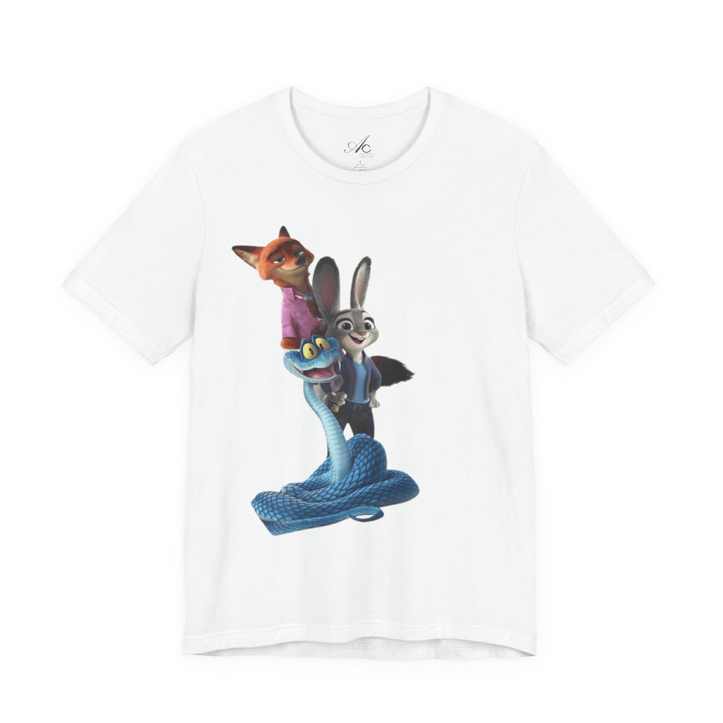 Animated Character Tee — Cute Fox & Bunny Stack Graphic T-Shirt  cartoon-style Christmas artwork