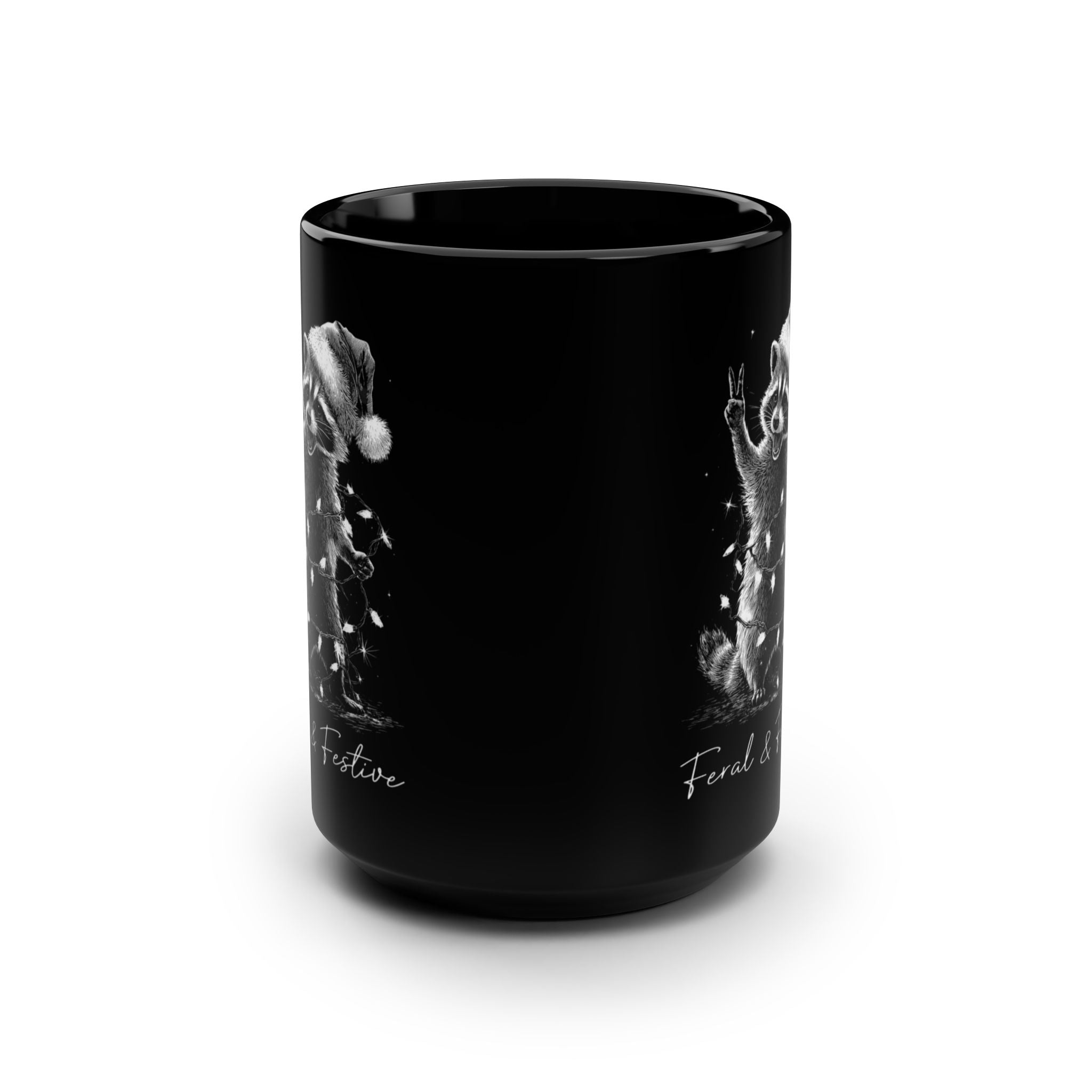 Feral & Festive Raccoon Black Mug — 15oz Holiday Coffee Cup