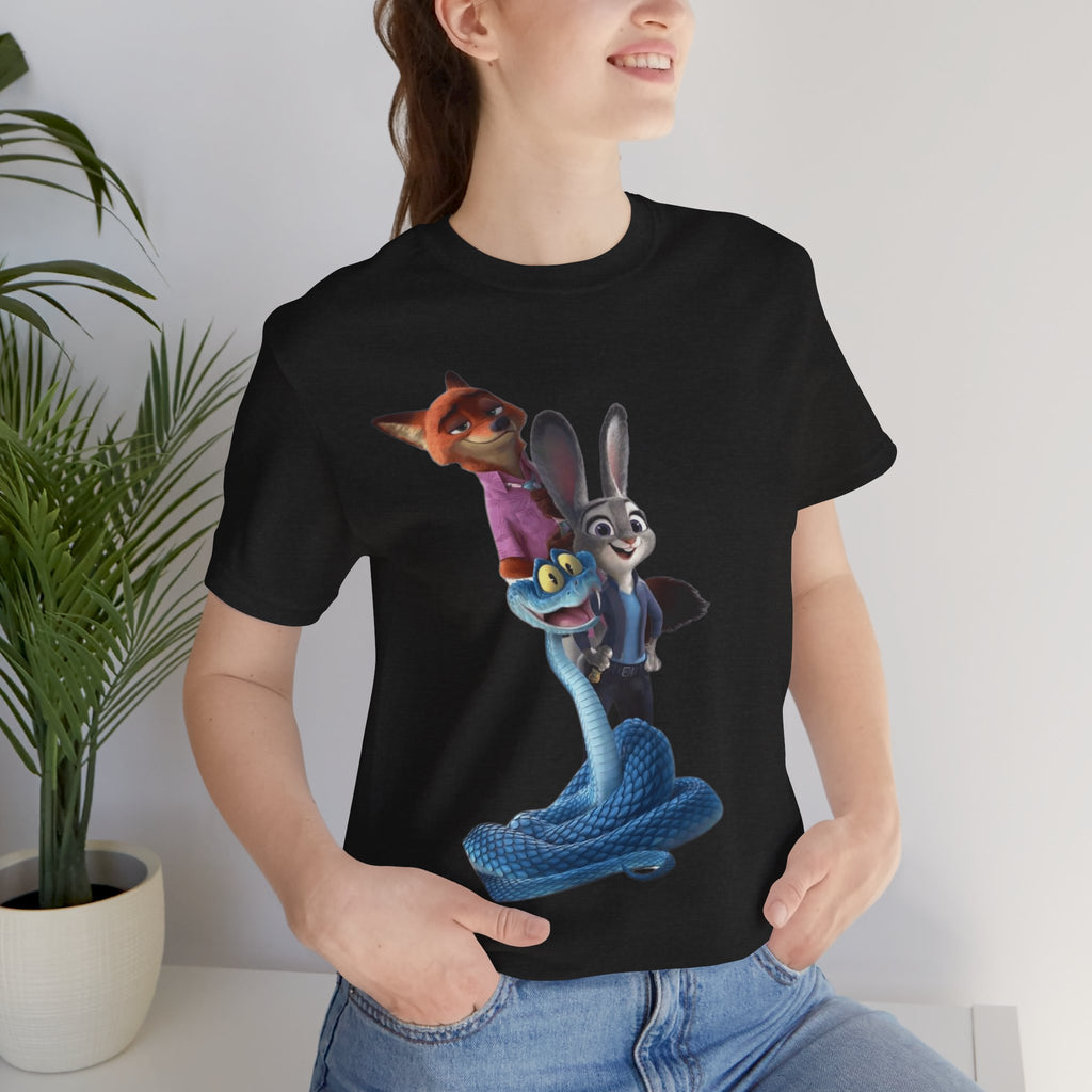 Animated Character Tee — Cute Fox & Bunny Stack Graphic T-Shirt  cartoon-style Christmas artwork