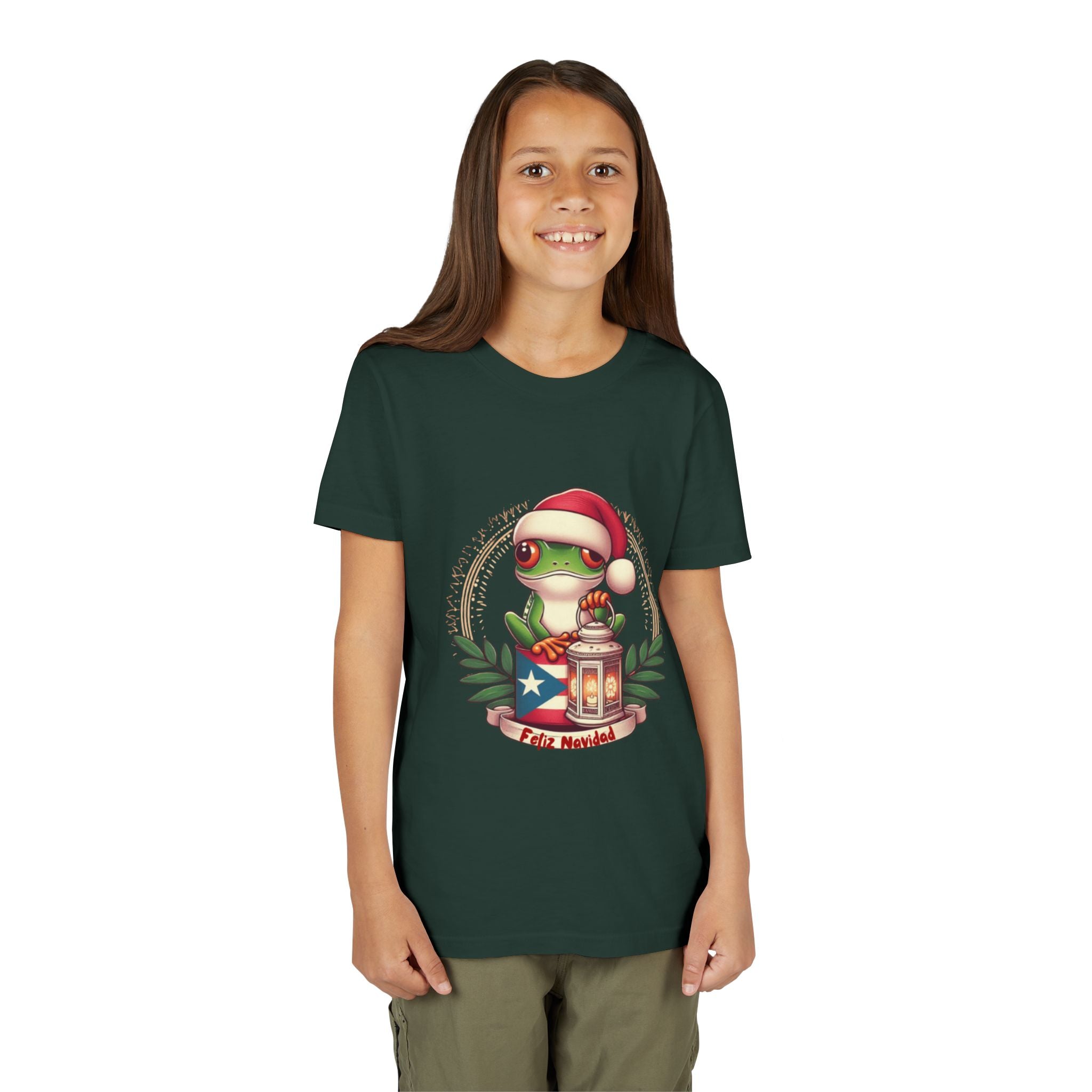 Kids Tee Cute Frog with Puerto Rican Flag & Lantern (Feliz Navidad)