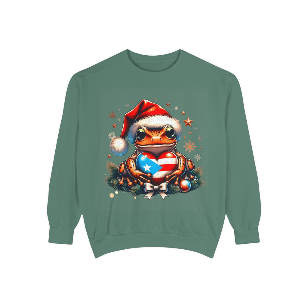 Christmas Coqui Sweatshirt — Cute Santa Frog Holding Ornament Holiday Sweater