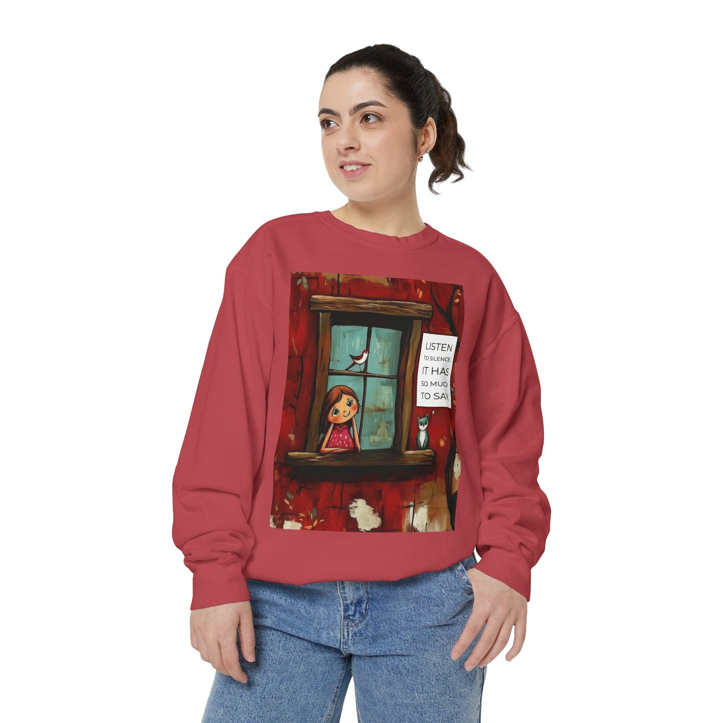 Cozy Window Scene Sweatshirt  "Listen, It Has So Much to Say" Graphic
