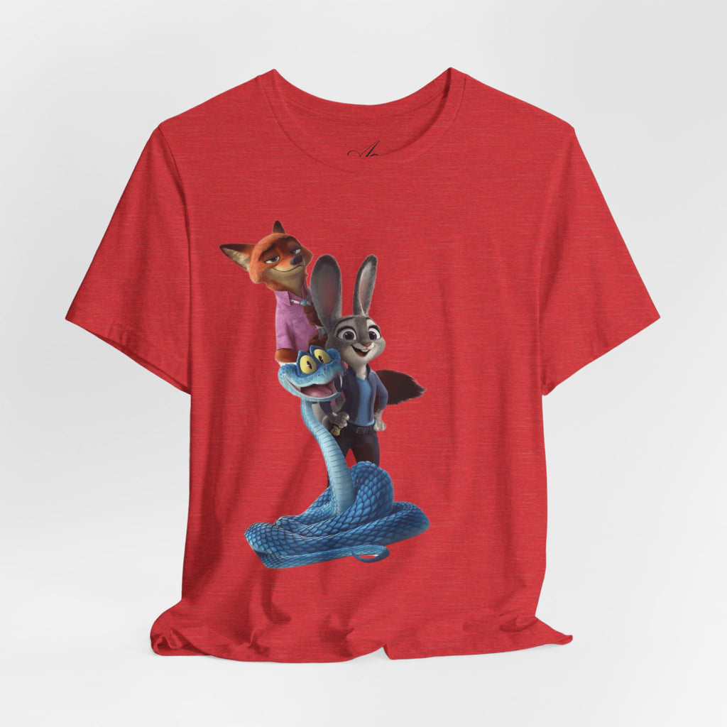 Animated Character Tee — Cute Fox & Bunny Stack Graphic T-Shirt  cartoon-style Christmas artwork