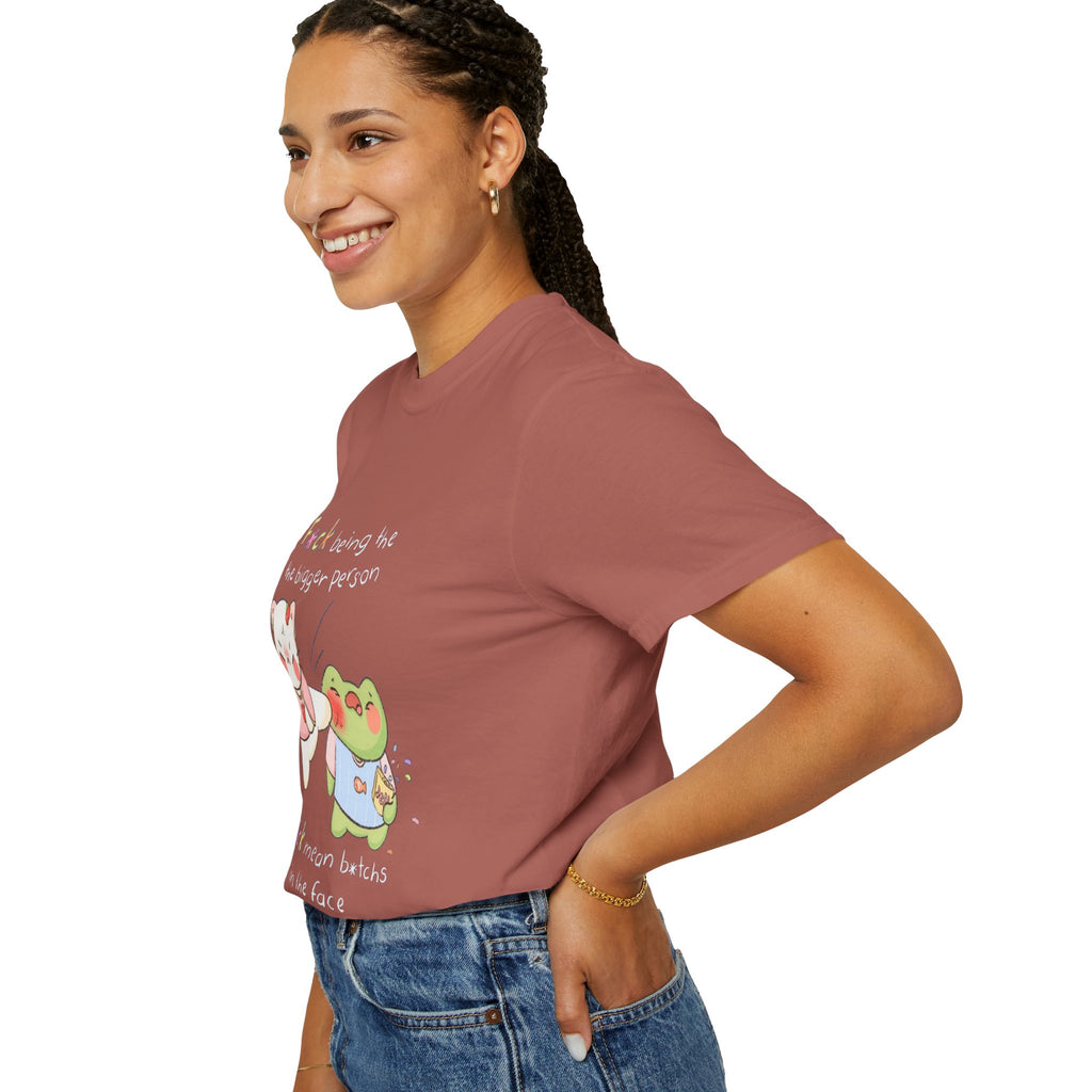 Graphic T-Shirt  Cute Kicking Cat & Frog with 'F*ck Being The Bigger Person' Slogan