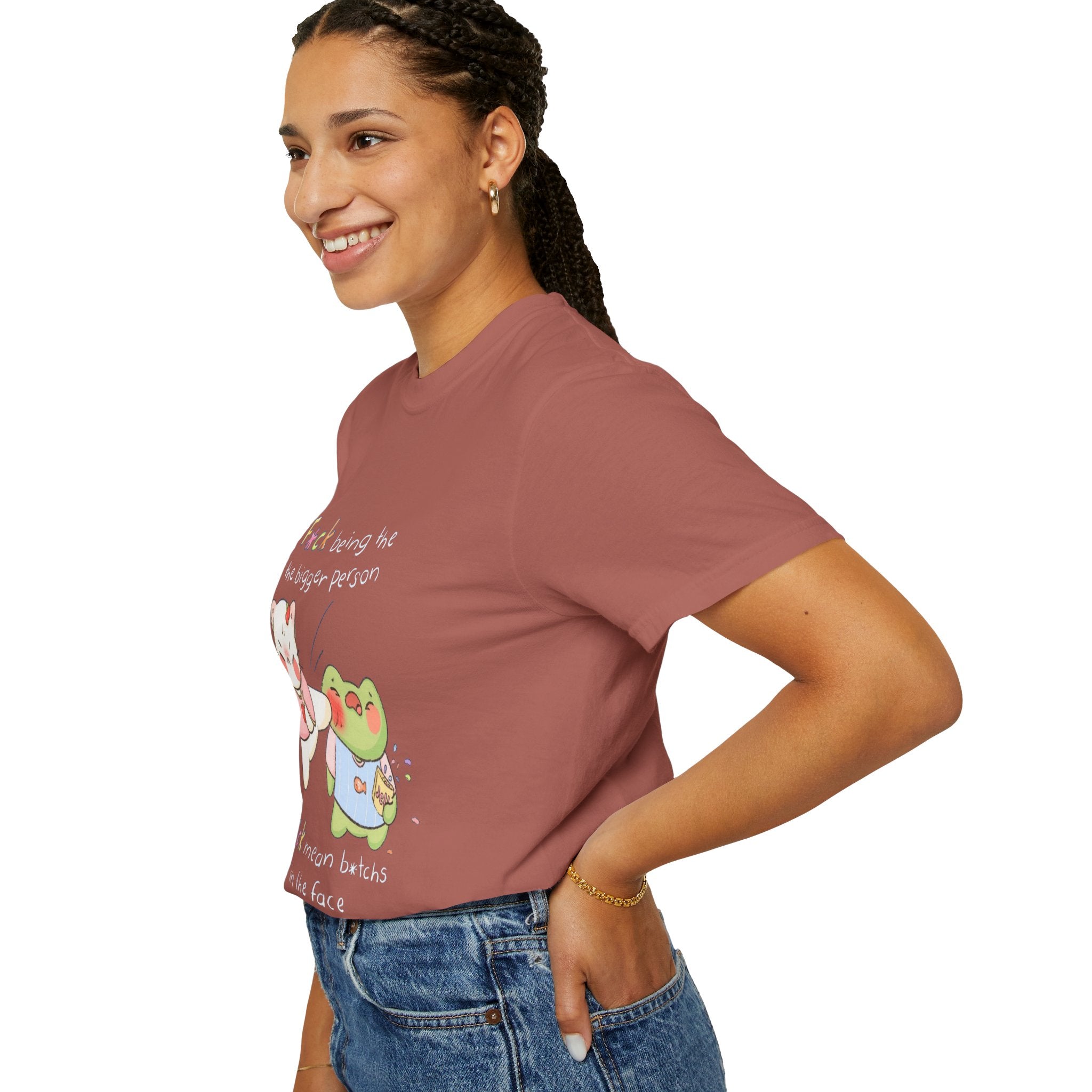 Graphic T-Shirt  Cute Kicking Cat & Frog with 'F*ck Being The Bigger Person' Slogan