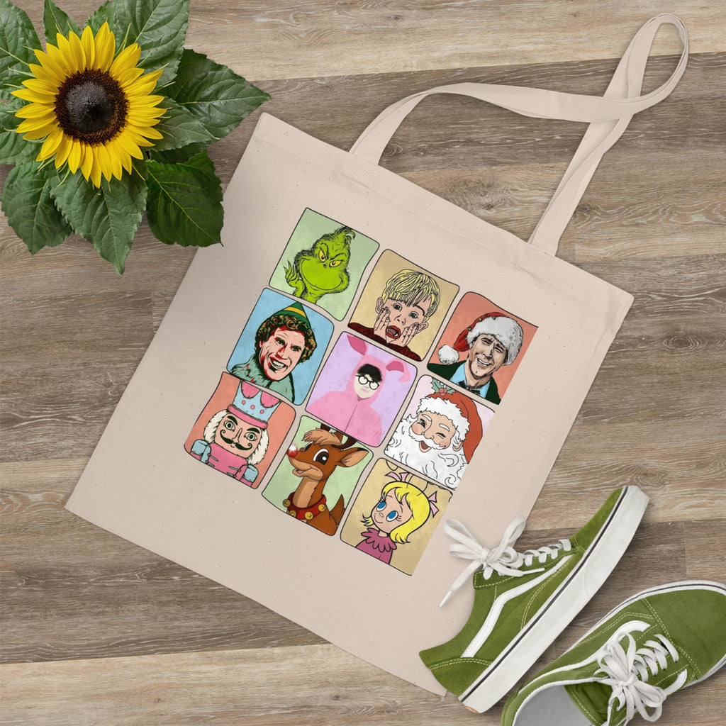 Holiday Movie Character Tote Bag  Retro Christmas Icons Grid Christmas Tote Bag  Boricua Bento