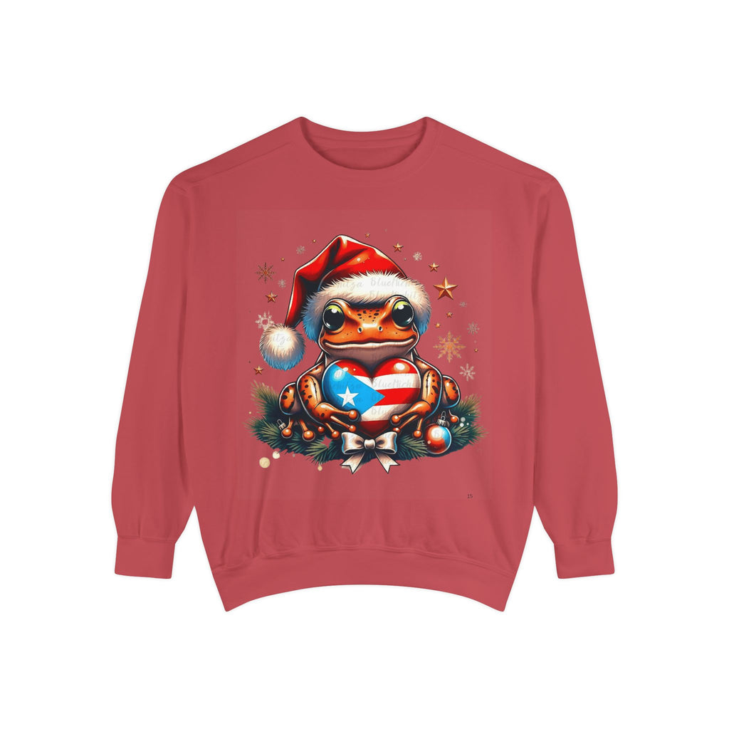 Christmas Coqui Sweatshirt — Cute Santa Frog Holding Ornament Holiday Sweater