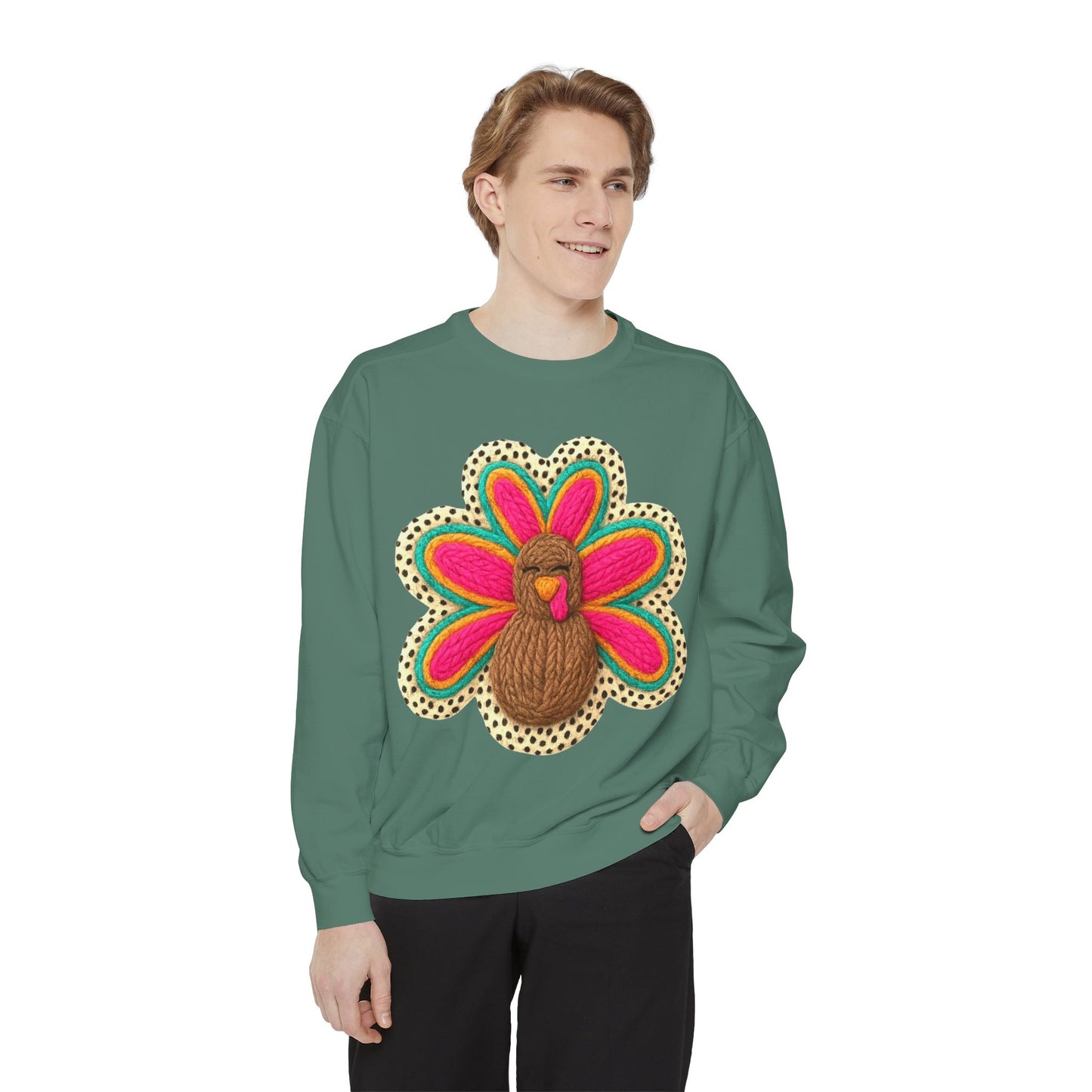 Festive Holiday Designs Turkey Patch Sweatshirt — Colorful Embroidered Thanksgiving Pullover