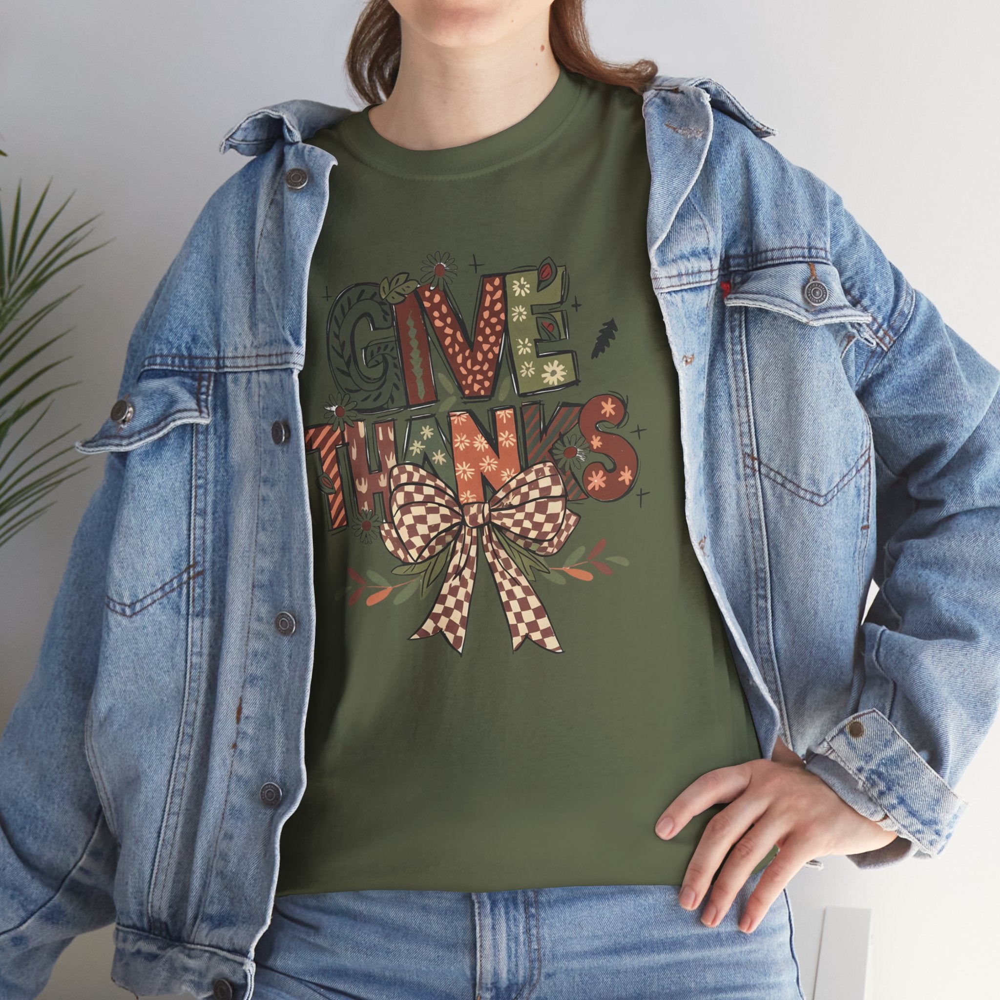 Give Thanks Tee Thanksgiving Graphic T-Shirt with Rustic Bow Design