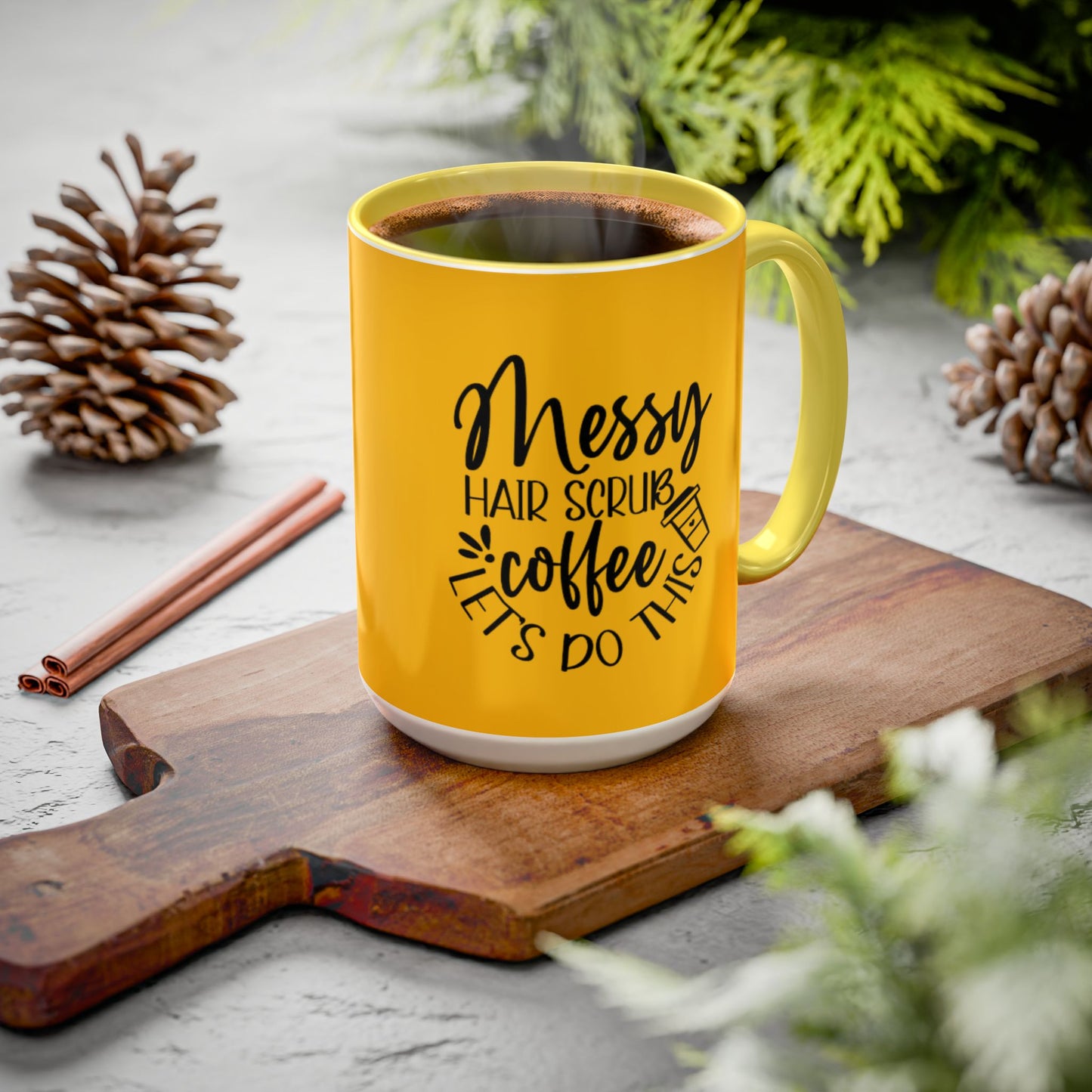 Holiday Coffee Cups with Festive Quotes & Designs Messy Hair Coffee Mug - Fun Yellow Ceramic Cup for Coffee Lovers