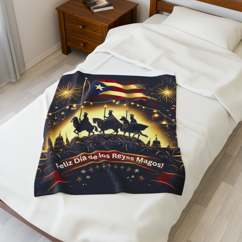 Velveteen Plush Blanket  Feliz Día de los Reyes Magos Puerto Rico Flag Holiday Throw