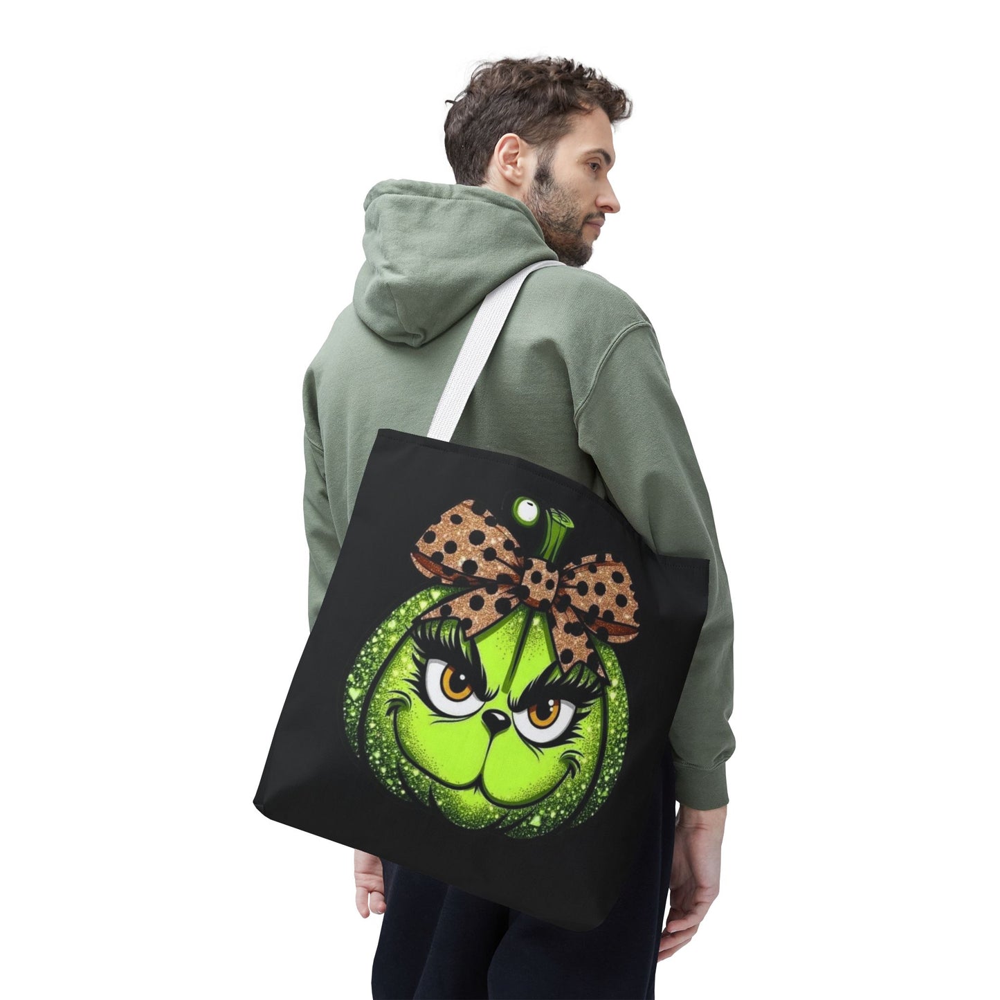 Grinch-Inspired Tote Bag with Polka Dot Bow Christmas Tote Bag Festive Holiday Design