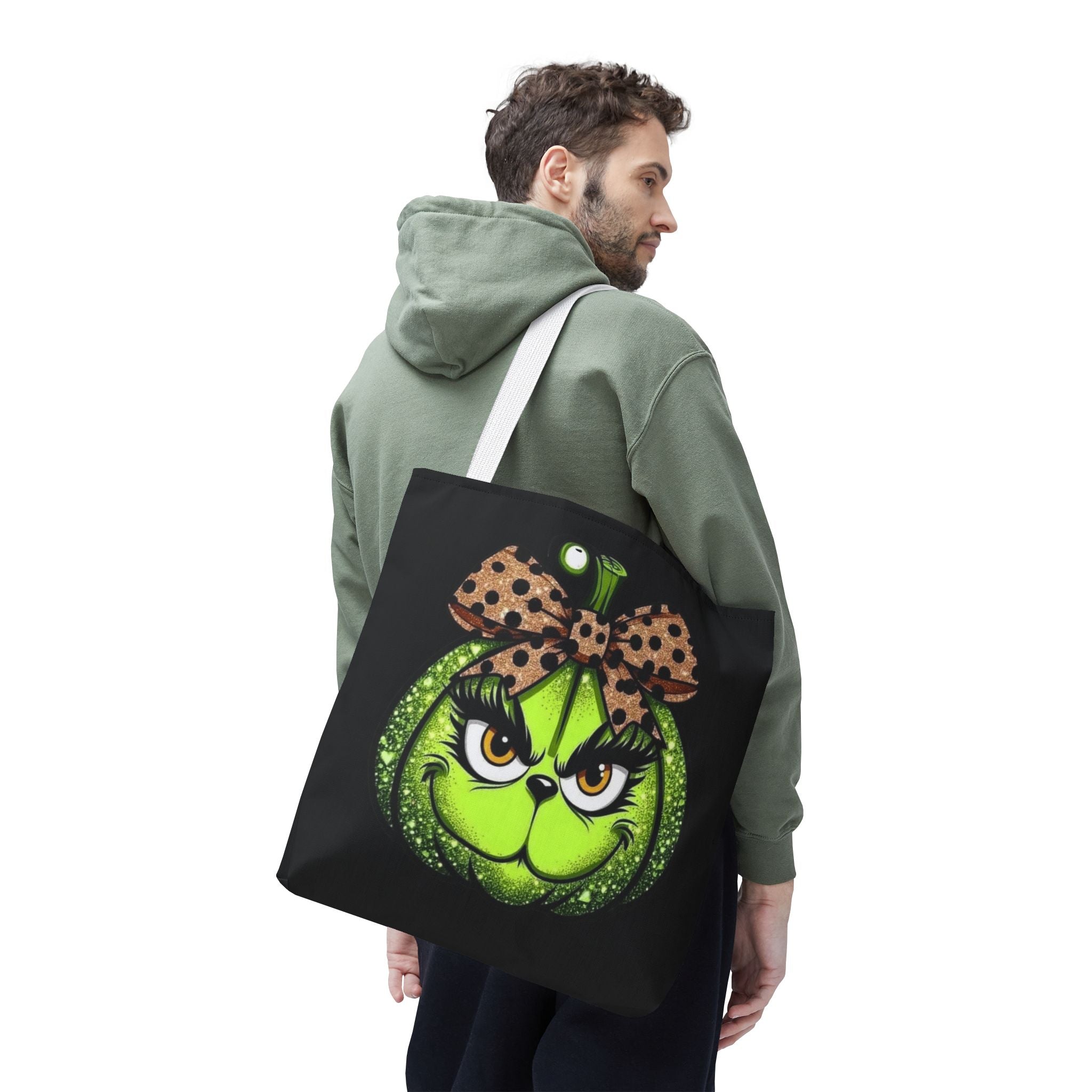 Grinch-Inspired Tote Bag with Polka Dot Bow Christmas Tote Bag Festive Holiday Design