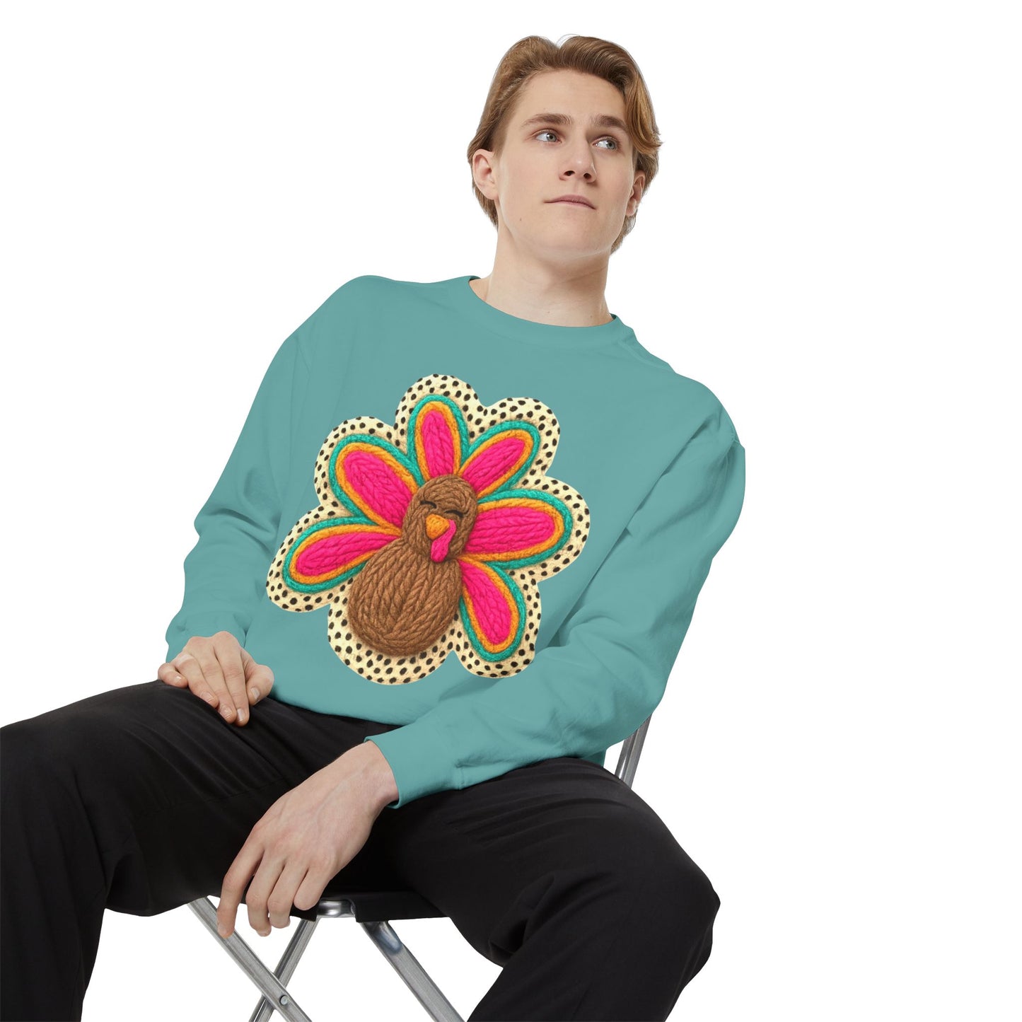 Festive Holiday Designs Turkey Patch Sweatshirt — Colorful Embroidered Thanksgiving Pullover