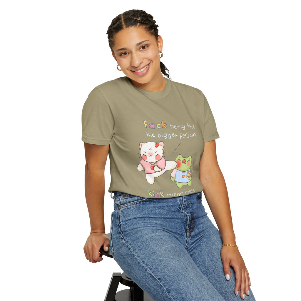 Graphic T-Shirt  Cute Kicking Cat & Frog with 'F*ck Being The Bigger Person' Slogan