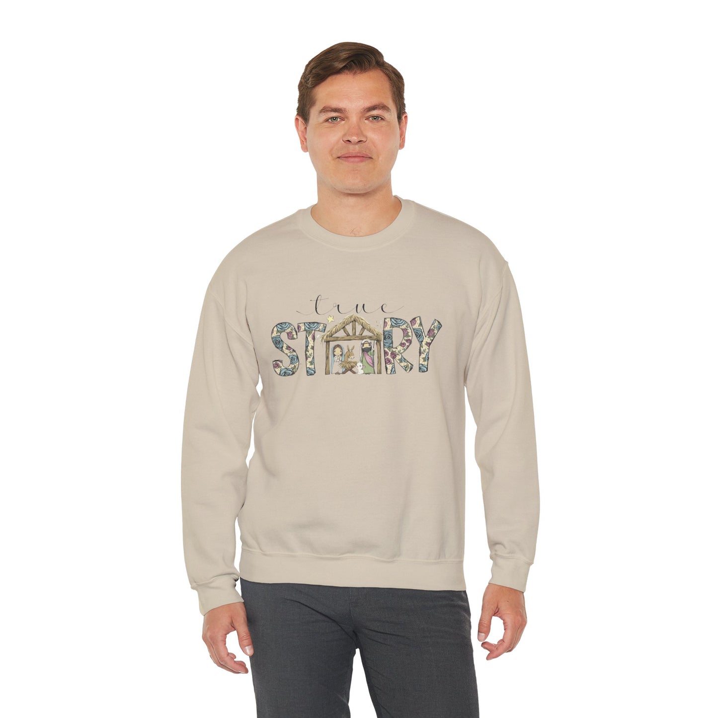 Crewneck Sweatshirt "Come Story" Floral Nativity Design  Cozy Christmas Pullover unique festive designs and joyful