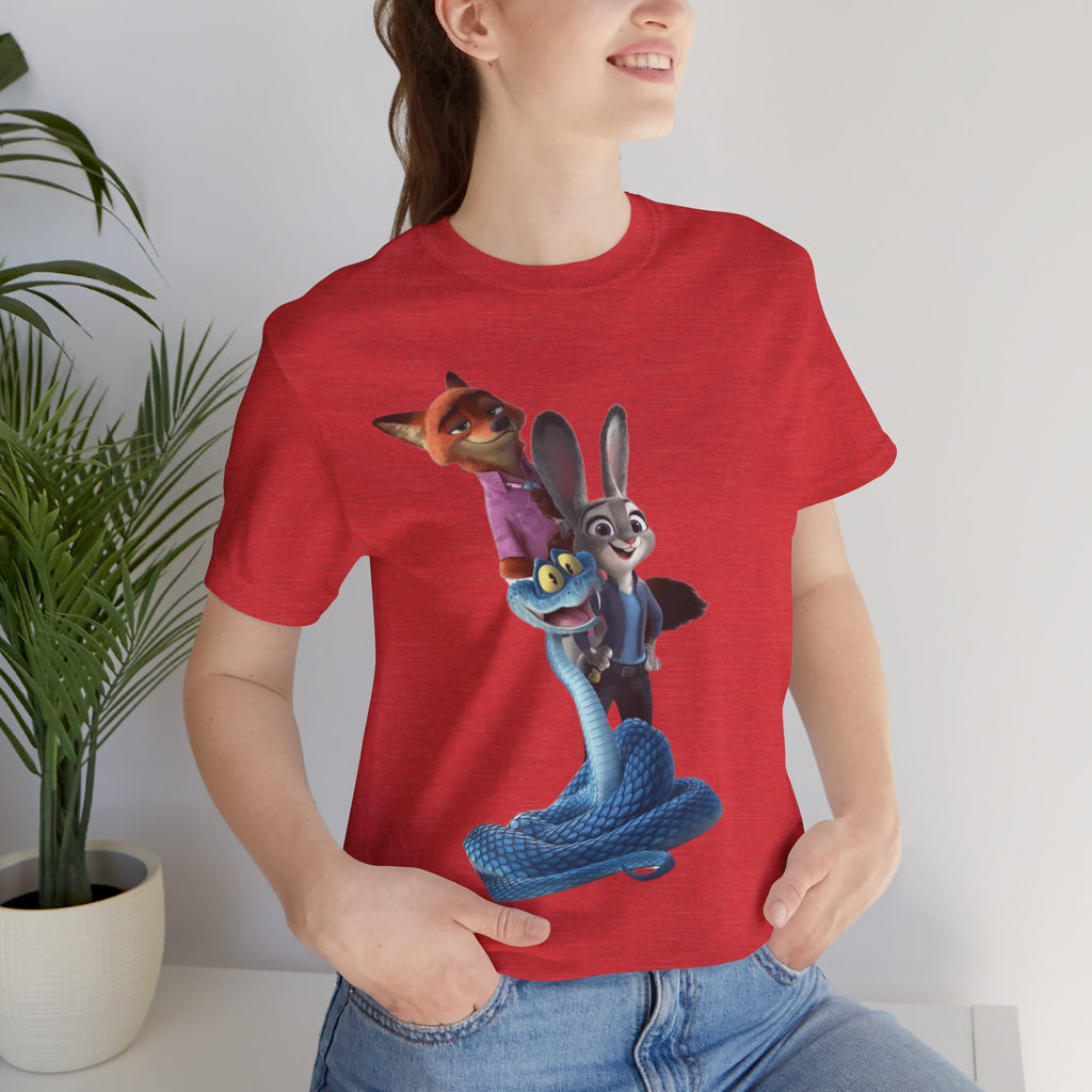 Animated Character Tee — Cute Fox & Bunny Stack Graphic T-Shirt  cartoon-style Christmas artwork