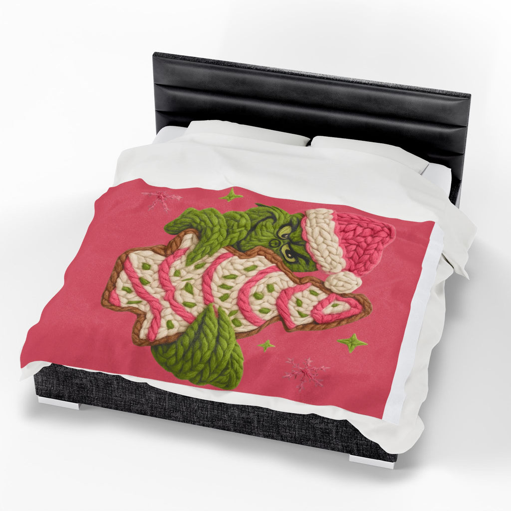 Grinch Holiday Plush Blanket – Cozy Velveteen Christmas Throw with Knitted Tree Design