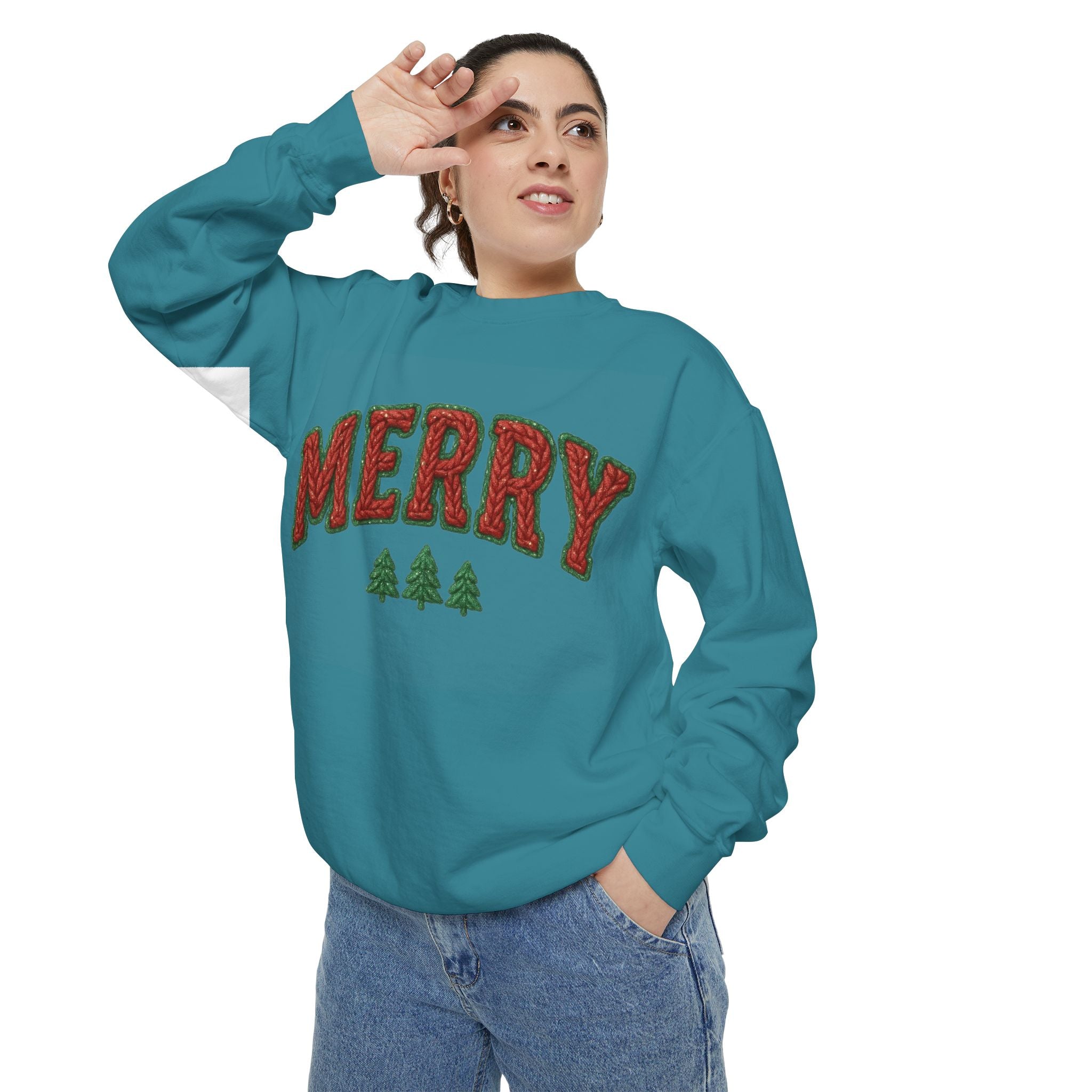 Merry Holiday Sweatshirt — Cozy Christmas Pullover with Tree Graphics Festive Holiday Designs