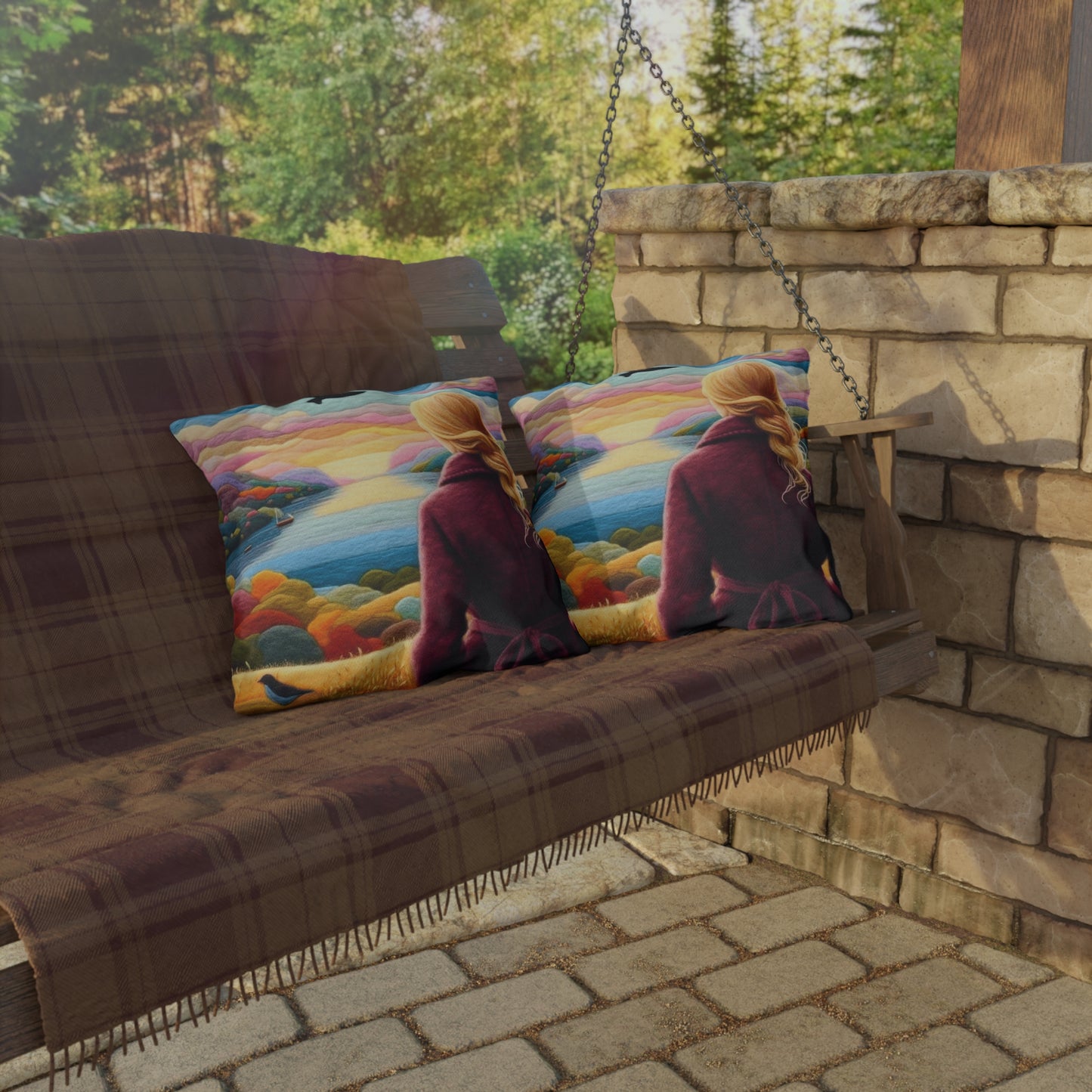 Scenic Lakeview Outdoor Pillow — Woman Overlooking Colorful Sunset Landscape