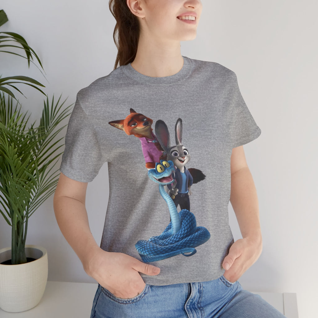 Animated Character Tee — Cute Fox & Bunny Stack Graphic T-Shirt  cartoon-style Christmas artwork