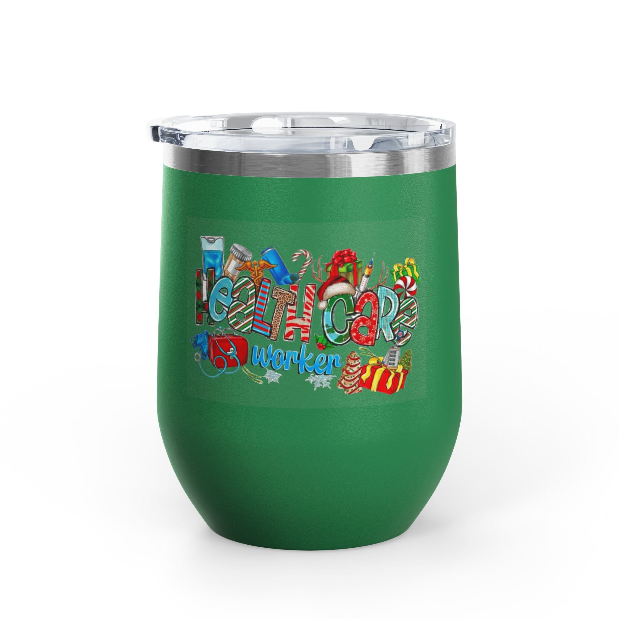 Healthcare Worker 12oz Wine Tumbler — Colorful Holiday Medical Staff Gift Medical Christmas Mug