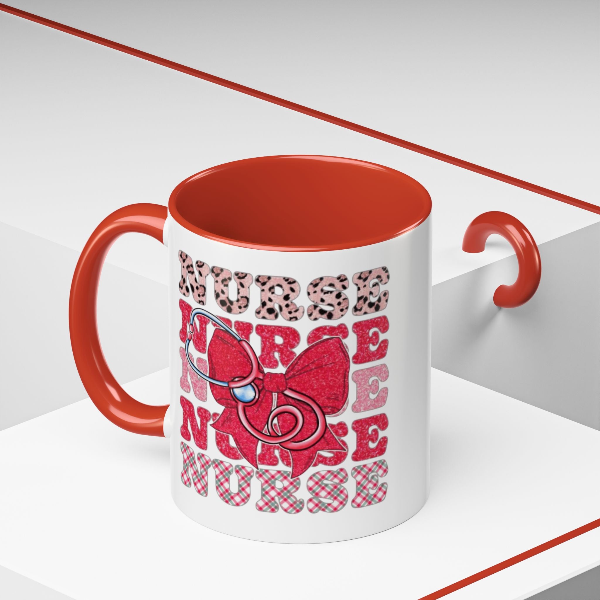 Nurse Stethoscope Bow Accent Coffee Mug — Cute Leopard & Plaid Healthcare Gift (11/15oz) Medical Christmas Mug