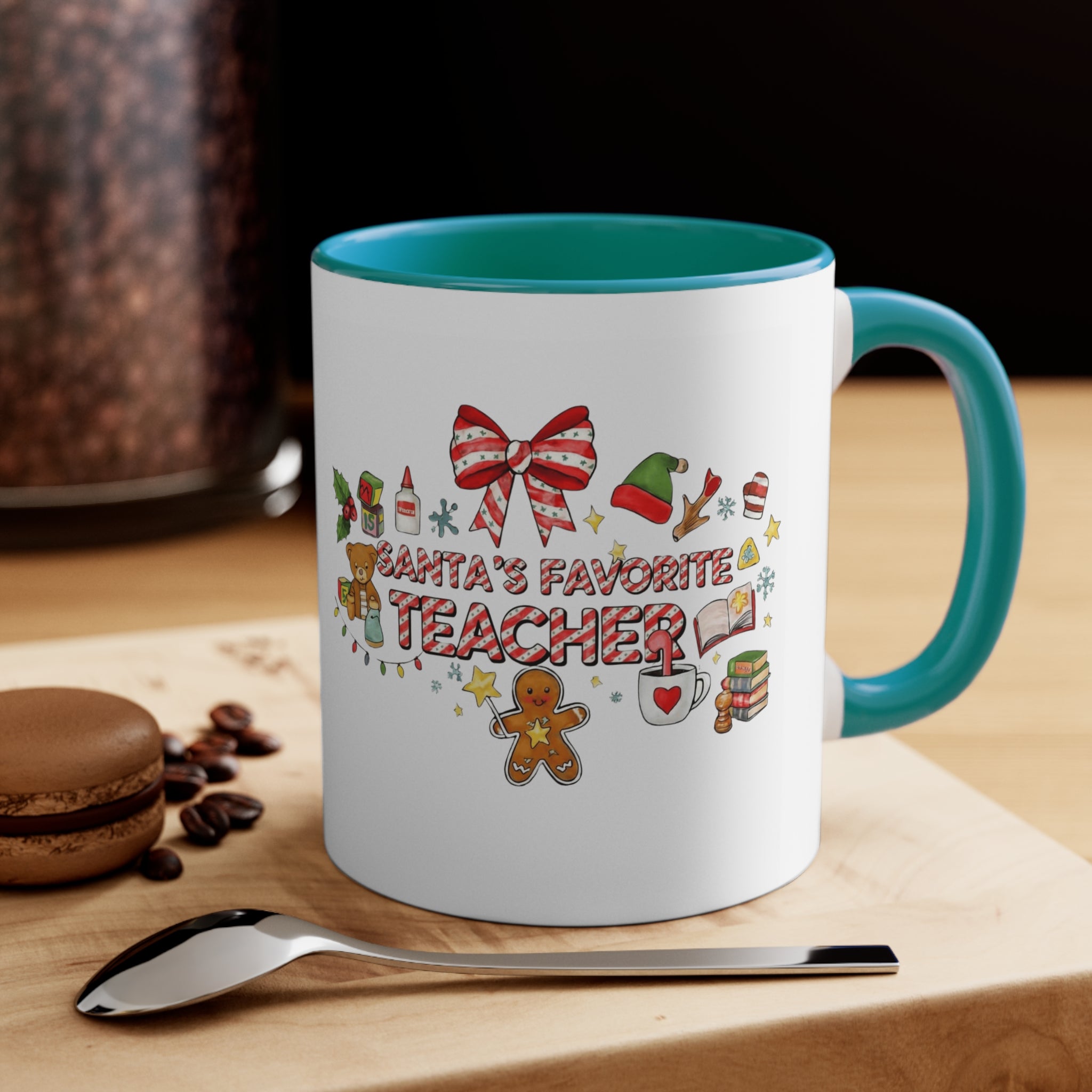 A festive Christmas mug for teachers who inspire hearts and minds all year long.  “Santa’s Favorite Teacher” 11oz Accent Coffee Cup