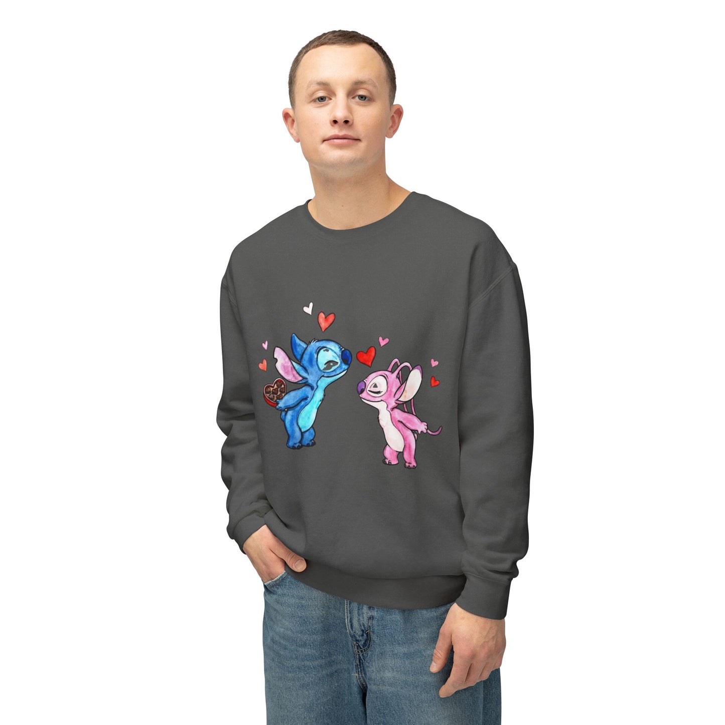 Cute Stitch Valentine Sweatshirt — Blue & Pink Love Characters with Hearts
