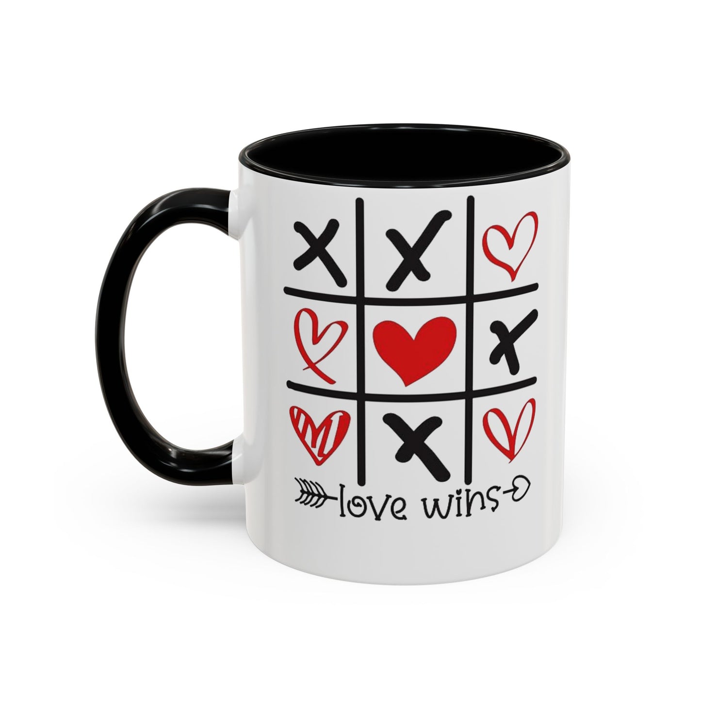 Love Wins Tic-Tac-Toe Heart Accent Coffee Mug — Romantic Valentine 11/15oz