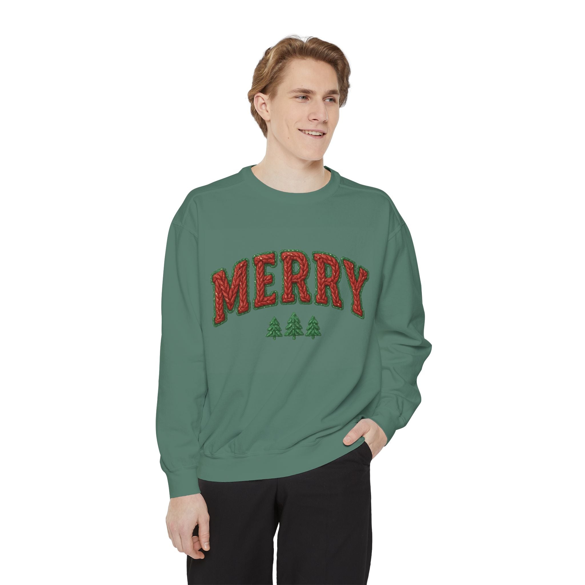 Merry Holiday Sweatshirt — Cozy Christmas Pullover with Tree Graphics Festive Holiday Designs