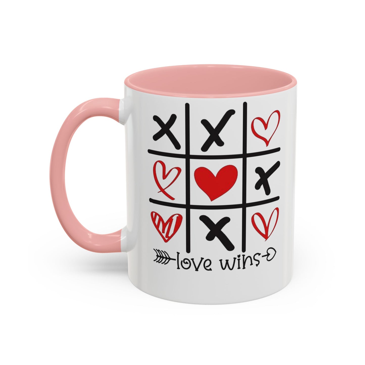 Love Wins Tic-Tac-Toe Heart Accent Coffee Mug — Romantic Valentine 11/15oz