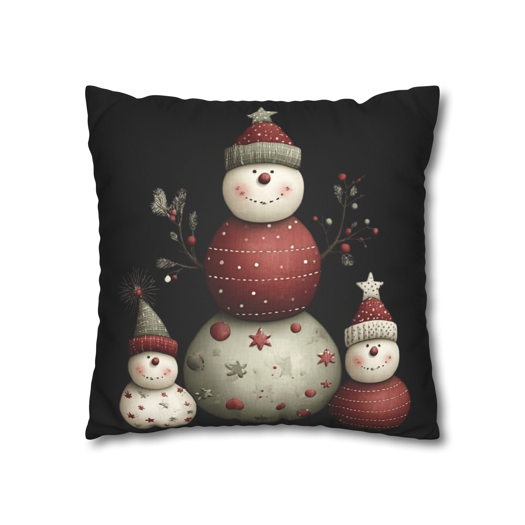 Christmas Snowman Faux Suede Pillowcase – Cute Stacked Snowmen Holiday Decor CHRISTMAS PILLOW DÉCOR
