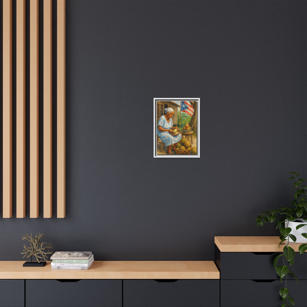 Cultural & Story-Driven These Puerto Rico inspired  Framed Matte Canvas Print  Woman Shelling Fruit Vintage Tropical Painting