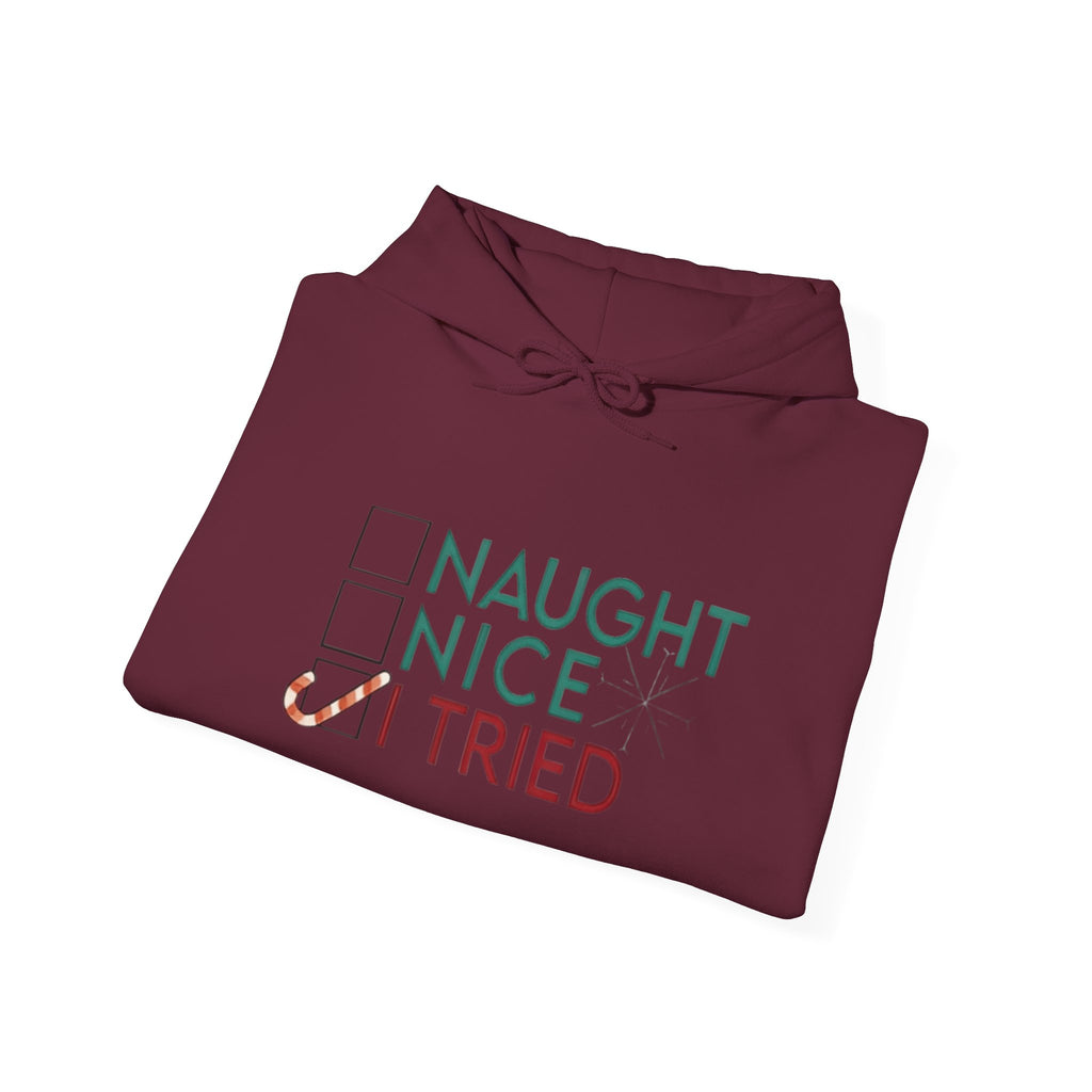 Holiday Hoodie — "Naughty, Nice, I Tried" Funny Christmas Sweatshirt
