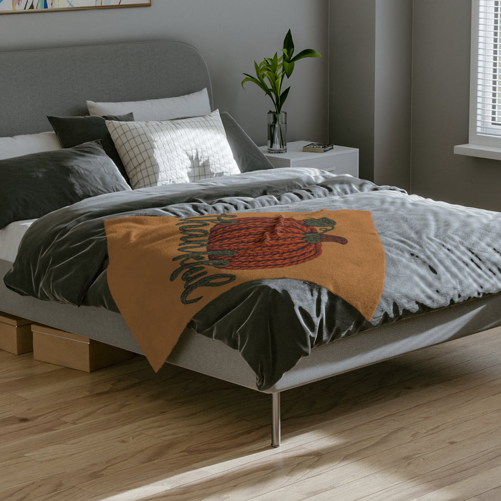 Holiday Christmas Blanket, Thankful Knit Pumpkin Velveteen Blanket