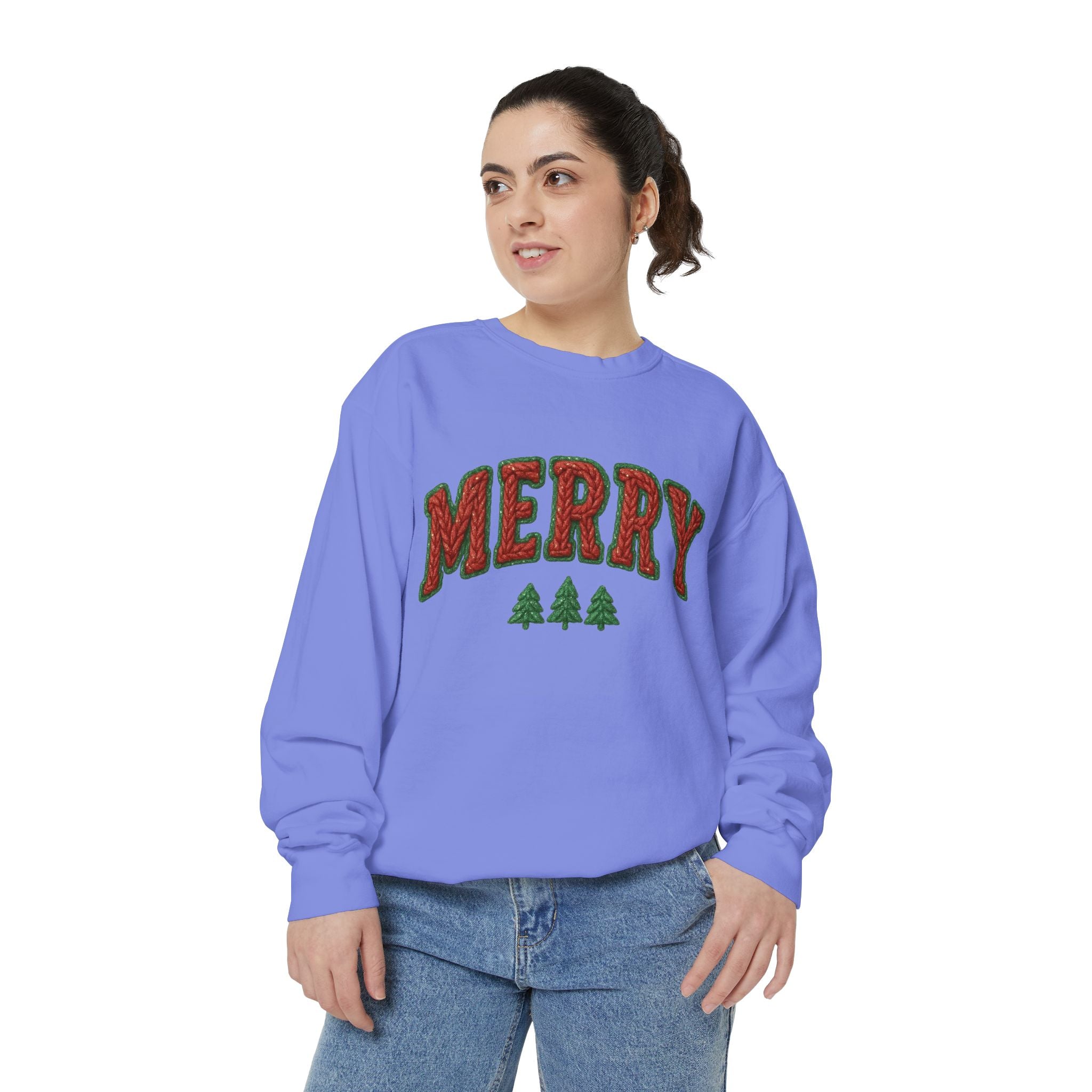 Merry Holiday Sweatshirt — Cozy Christmas Pullover with Tree Graphics Festive Holiday Designs