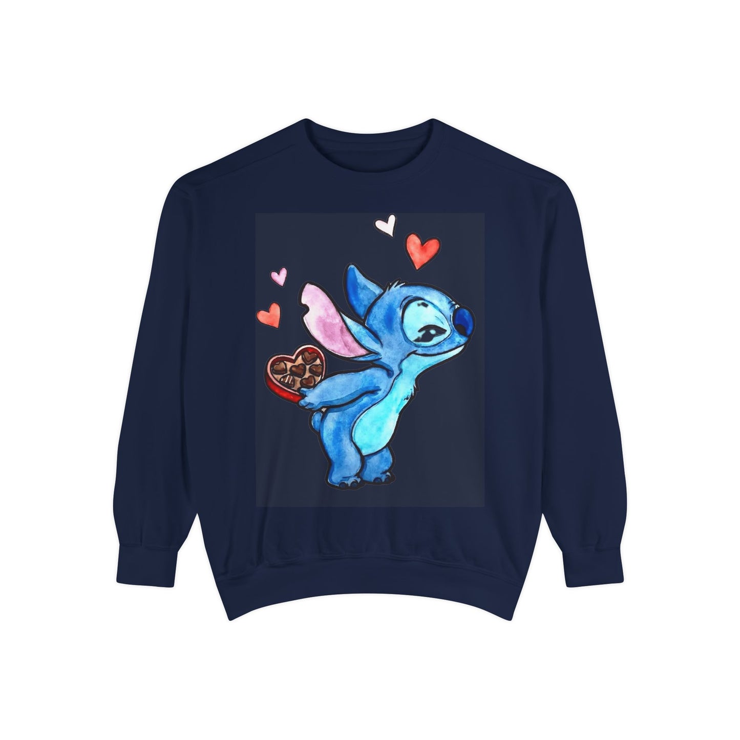 Stitch Valentine Sweatshirt — Cute Blue Alien with Hearts & Chocolate Pocket