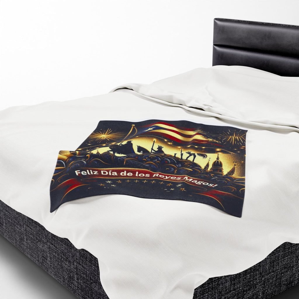 Velveteen Plush Blanket  Feliz Día de los Reyes Magos Puerto Rico Flag Holiday Throw
