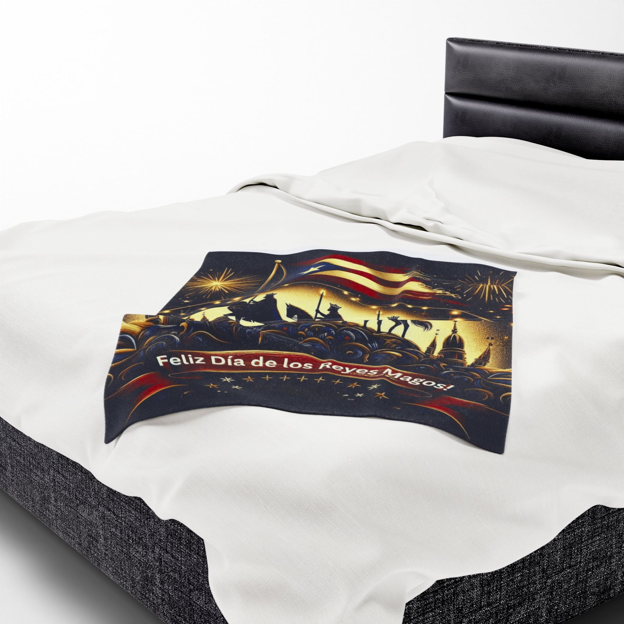 Velveteen Plush Blanket  Feliz Día de los Reyes Magos Puerto Rico Flag Holiday Throw