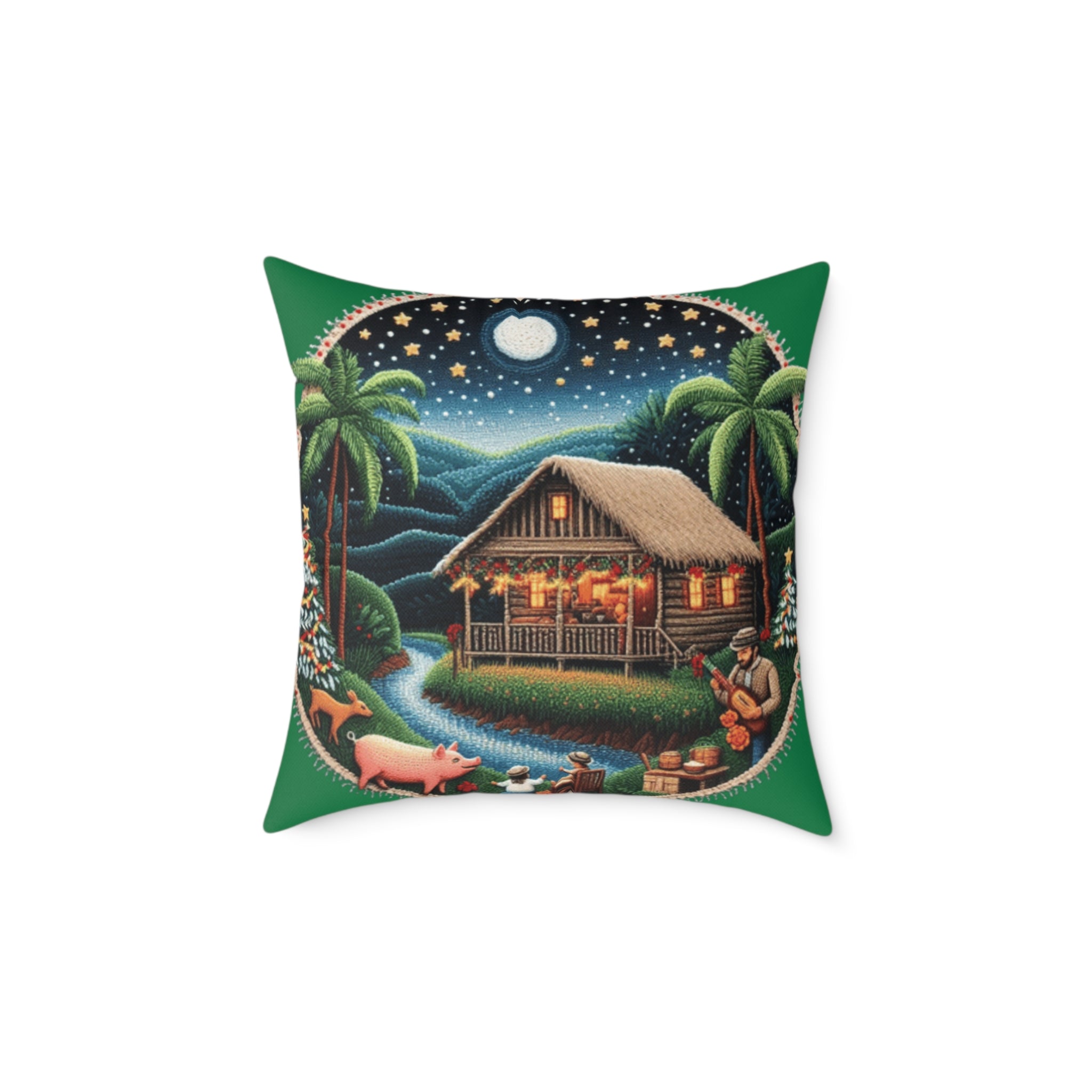 Island Night Cottage Pillow  Tropical Moonlit Cabin Throw Pillow Puerto Rico Culture Pillow