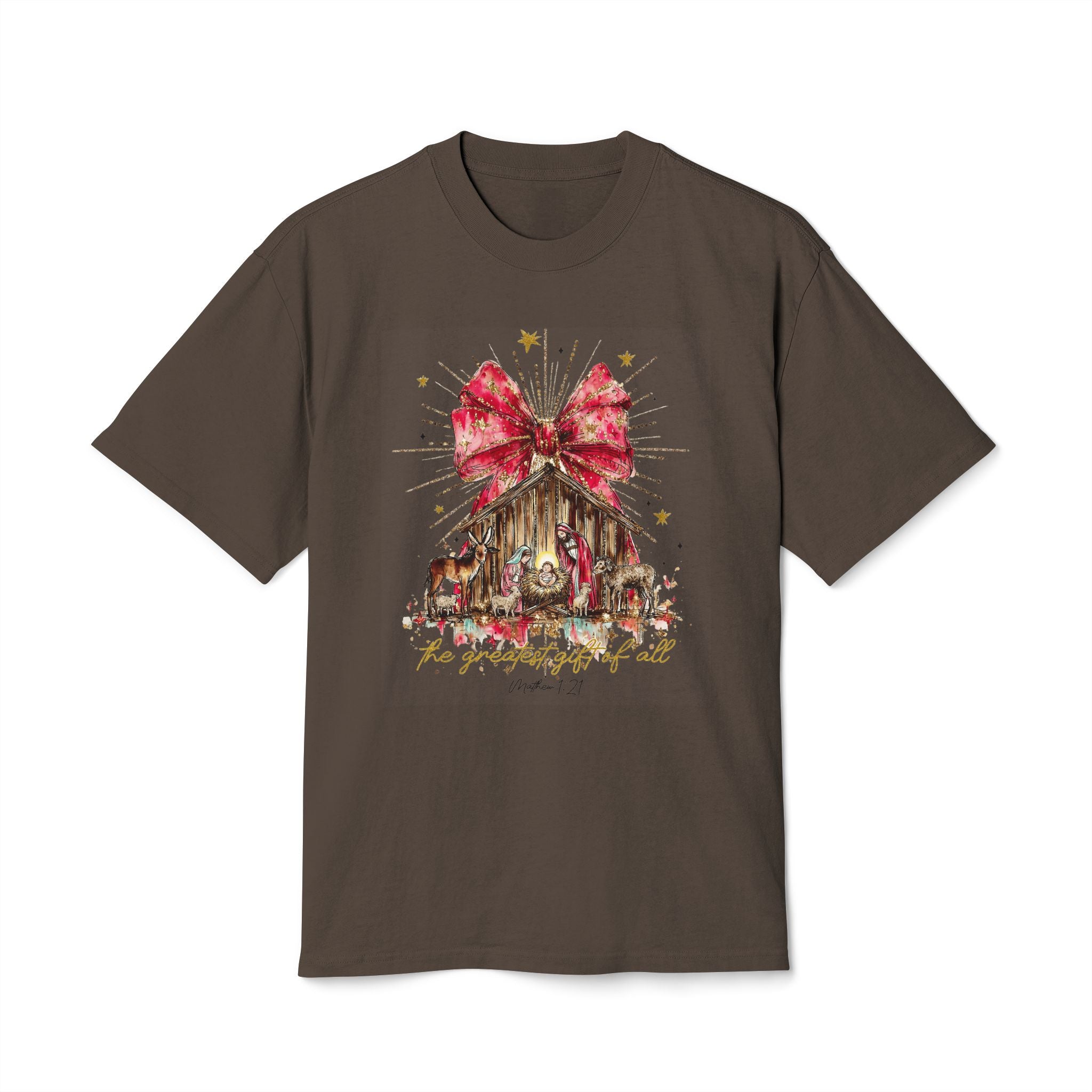 Christmas Nativity Tee  Rustic Manger with Red Bow Holiday T‑Shirt Christmas T-shirts and sweaters