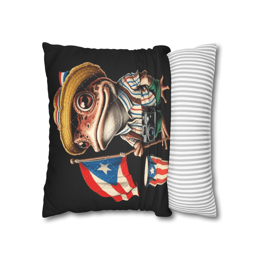 Puerto Rican Flag Frog Faux Suede Pillowcase  Tourist Toad Camera Design Puerto Rico Culture Pillow