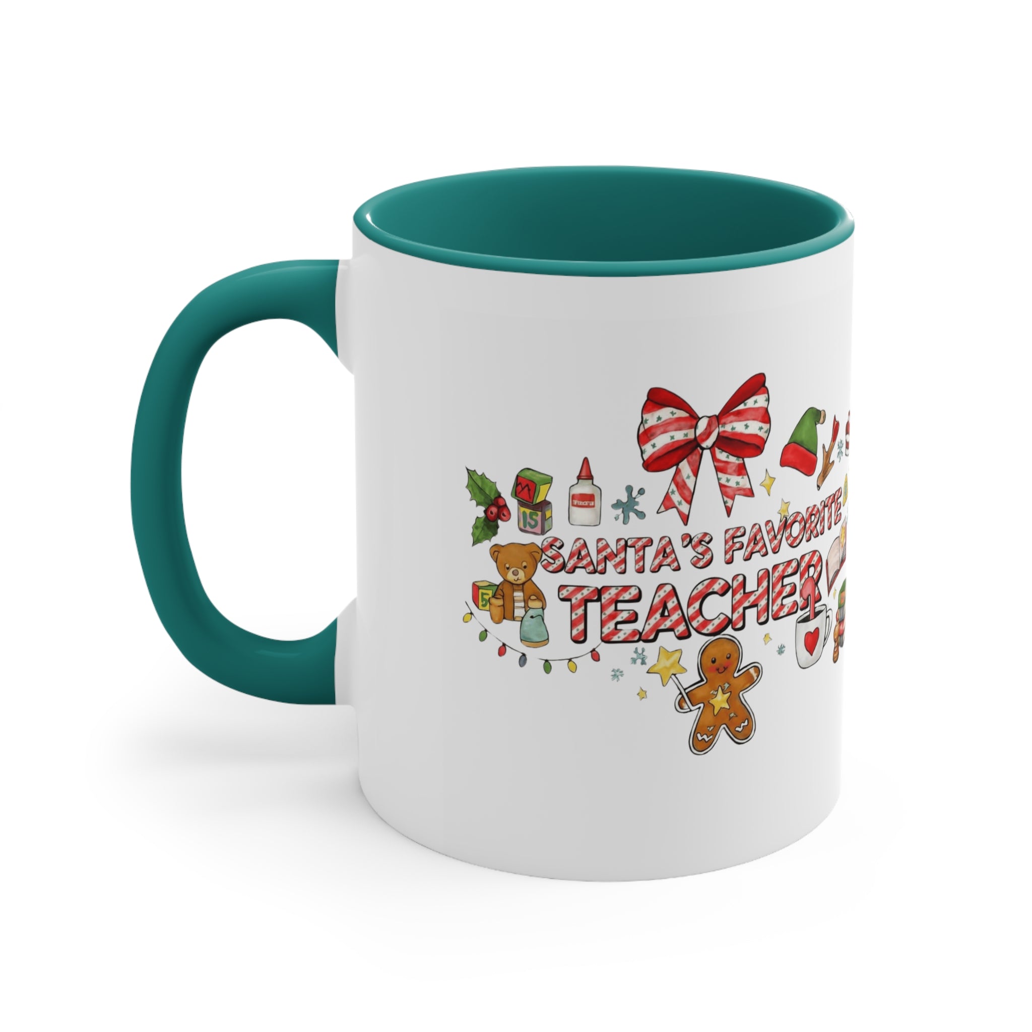 A festive Christmas mug for teachers who inspire hearts and minds all year long.  “Santa’s Favorite Teacher” 11oz Accent Coffee Cup