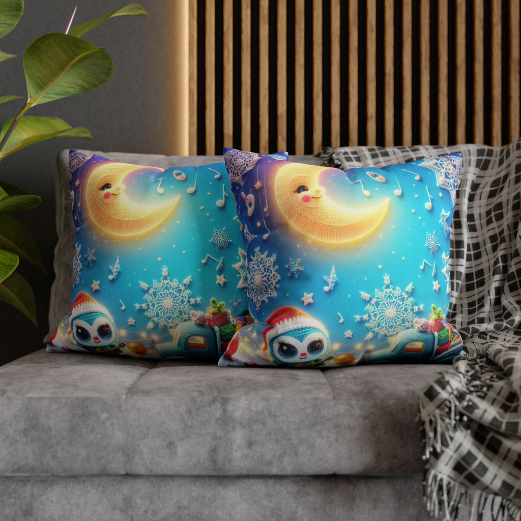 Whimsical Moon & Penguin Holiday Pillowcase  Faux Suede Square Throw Pillow