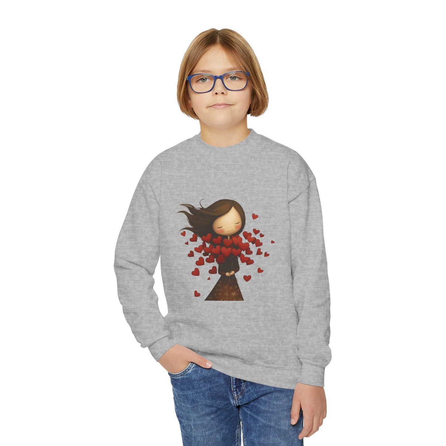 Youth Sweatshirt  Cute Girl with Heart Shower "Love Bug" Crewneck