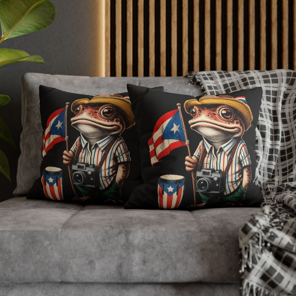 Puerto Rican Flag Frog Faux Suede Pillowcase  Tourist Toad Camera Design Puerto Rico Culture Pillow