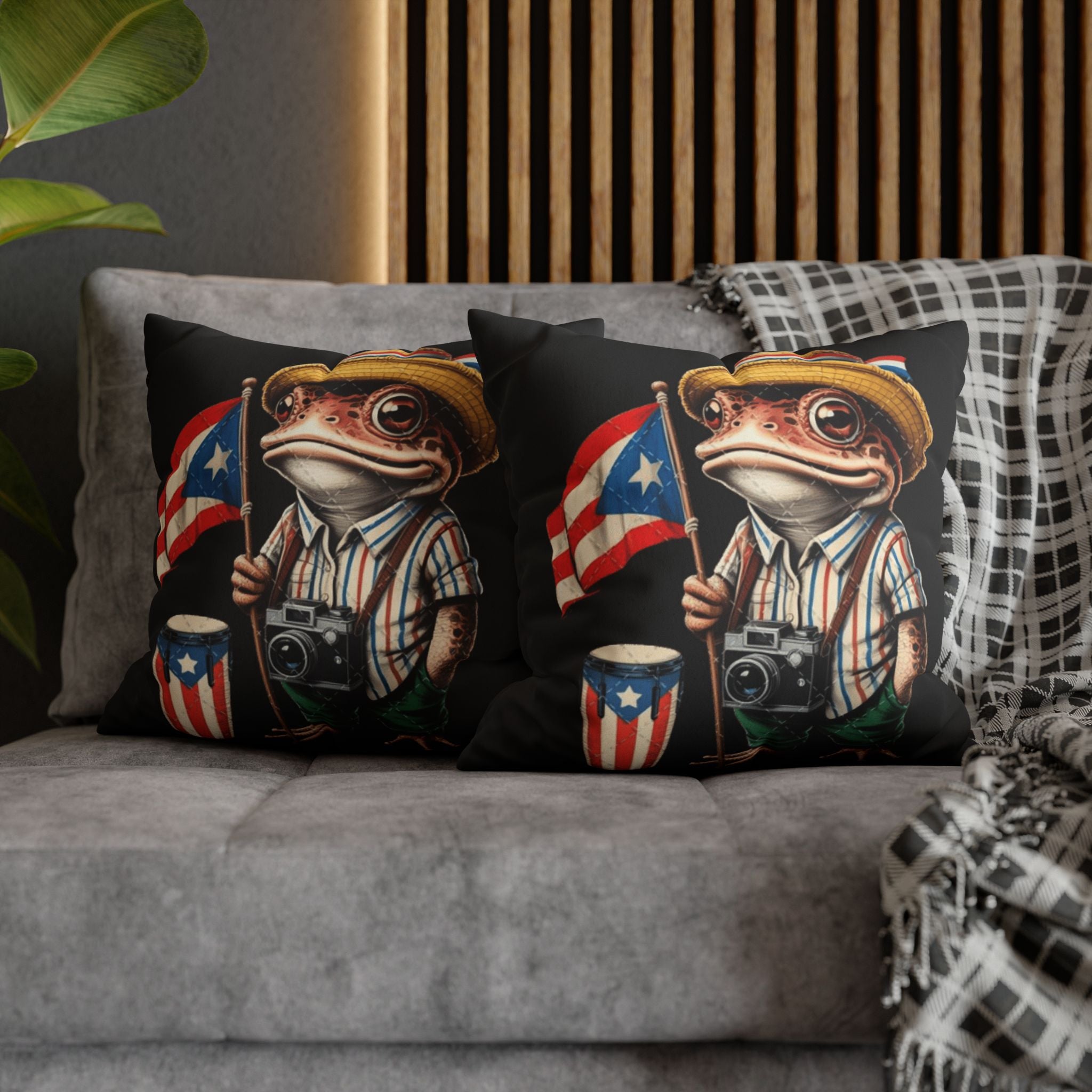 Puerto Rican Flag Frog Faux Suede Pillowcase  Tourist Toad Camera Design Puerto Rico Culture Pillow